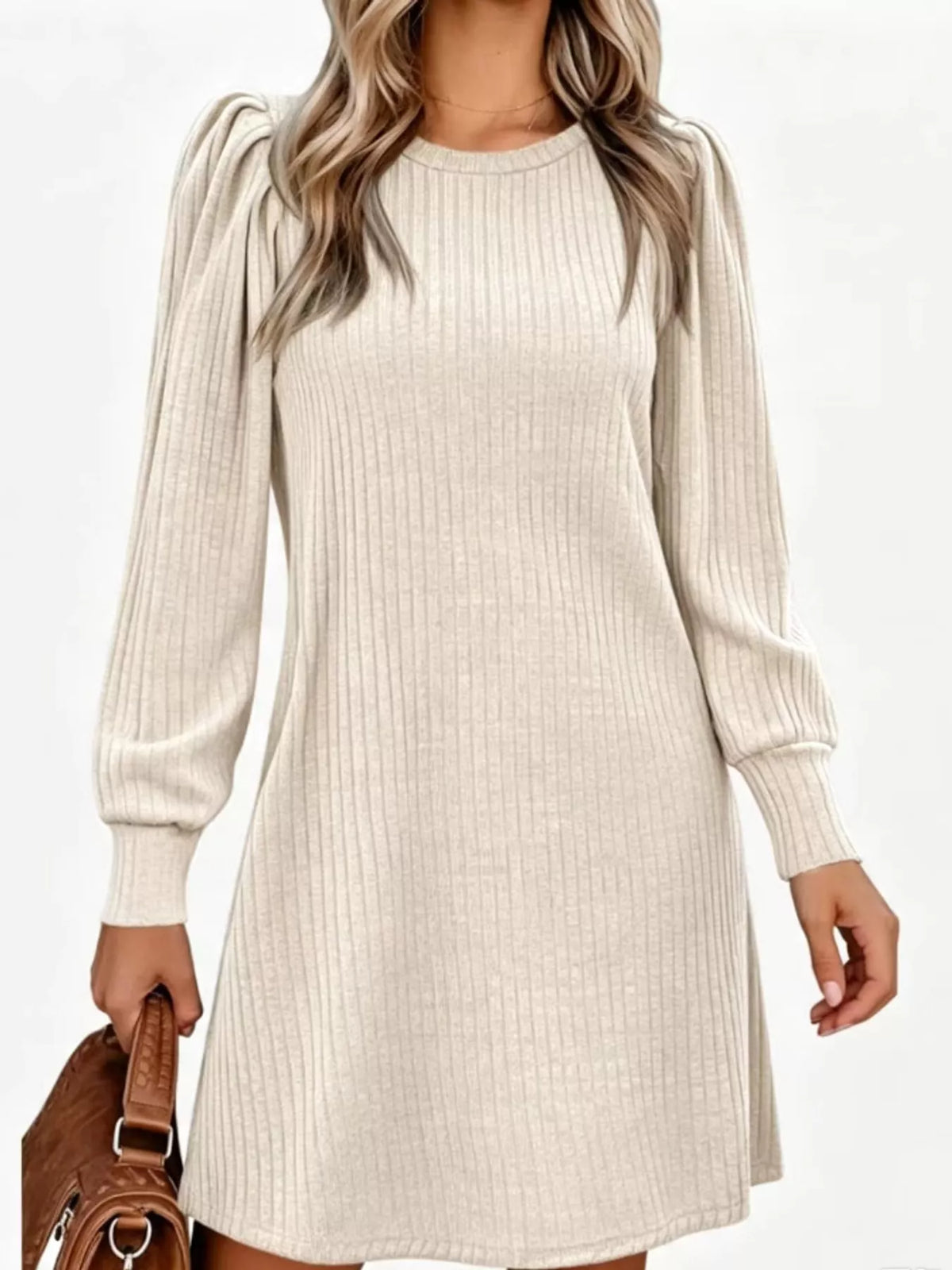 puff sleeve ribbed knit dress with pockets | dropsona - neutral - close-up detail