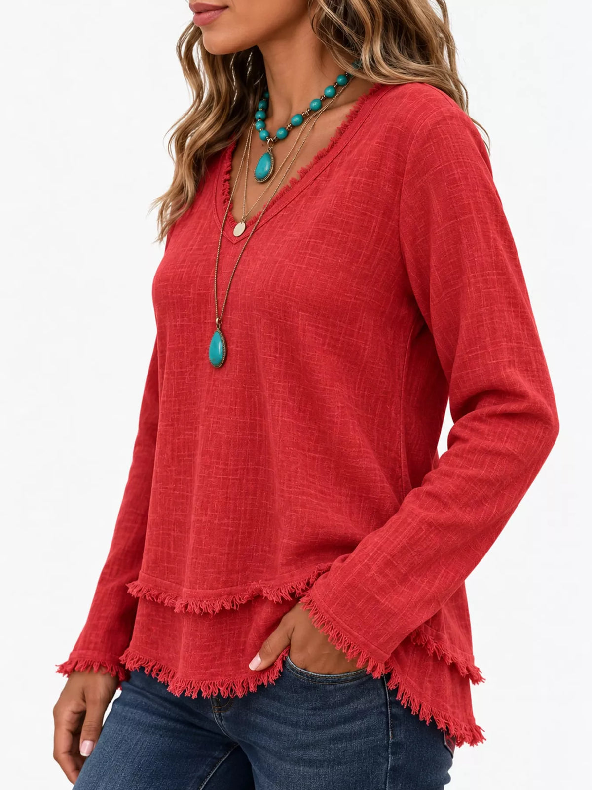 full size frayed hem v-neck blouse plus | dropsona - neutral - close-up detail