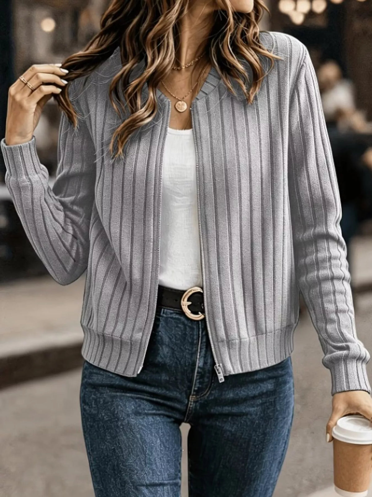ribbed knit zip-up bomber jacket – zipper,ribbed fit | dropsona - neutral - size reference