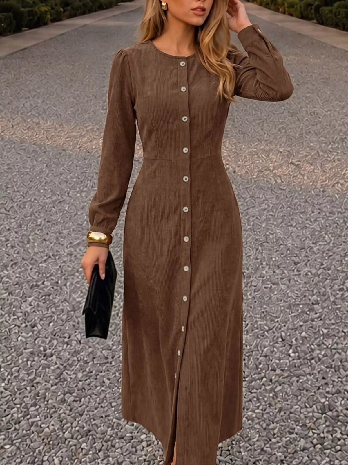 corduroy button-down maxi dress – buttoned,tied,slit | dropsona - neutral - front view
