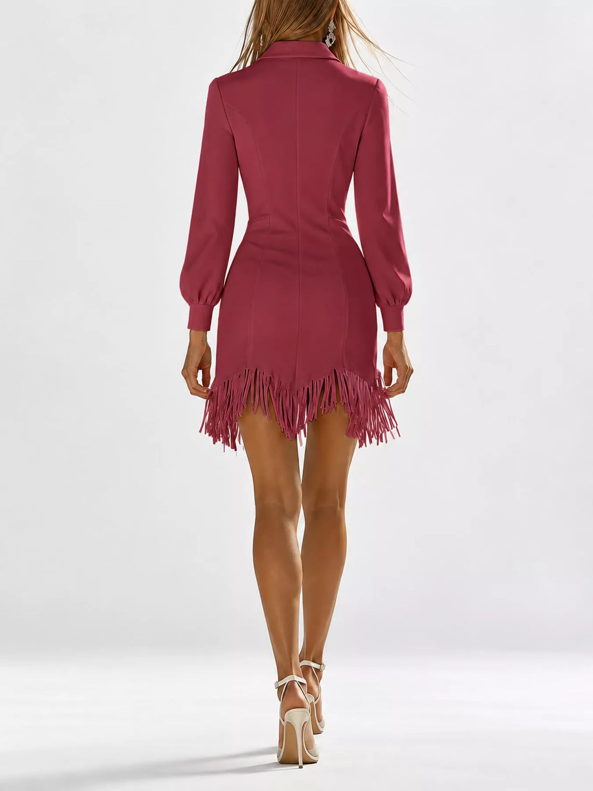 zip-front long sleeve fringe hem mini dress | dropsona - neutral - front view