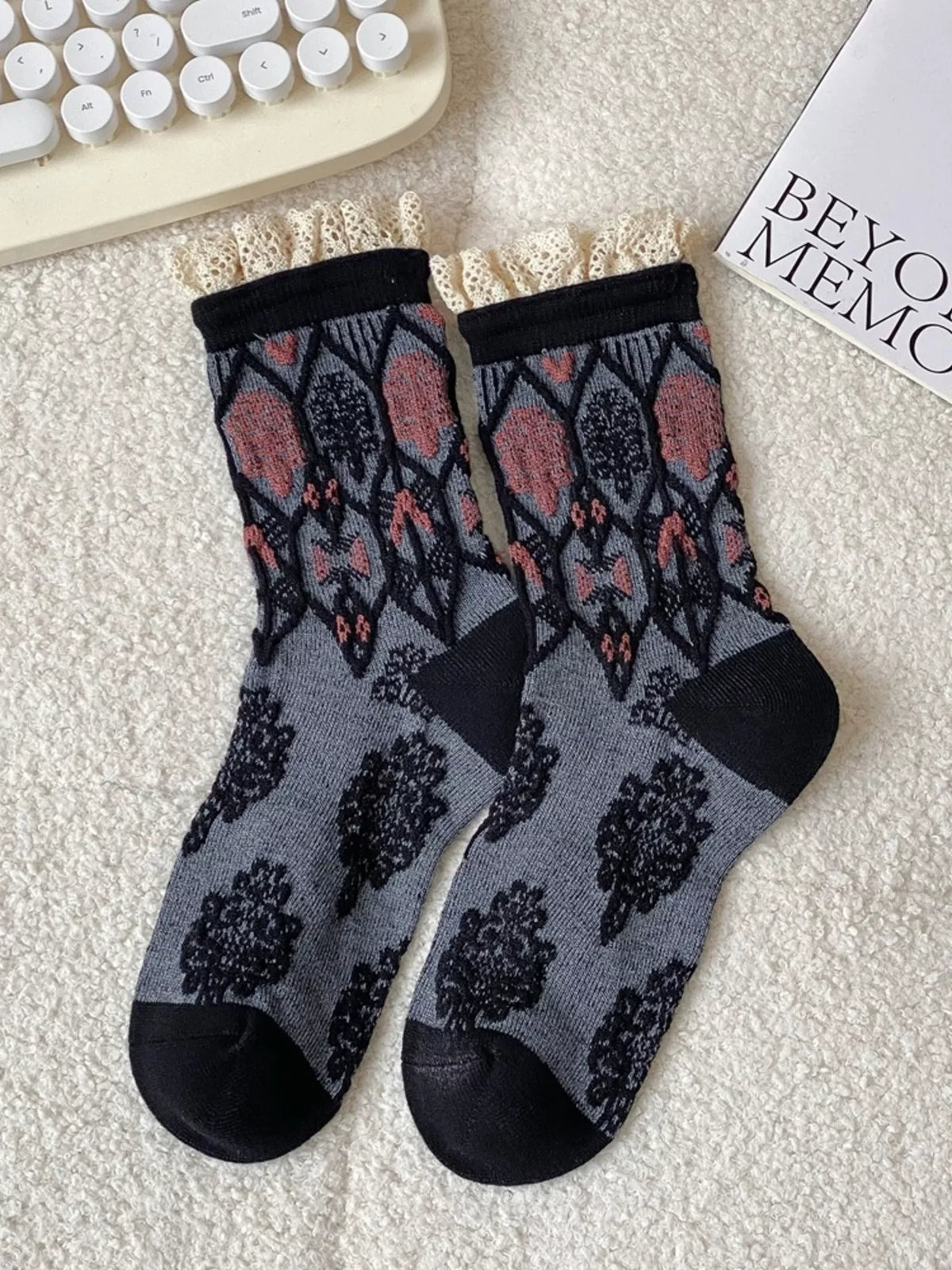 ruffle-trim mid-calf socks | dropsona - neutral - close-up detail
