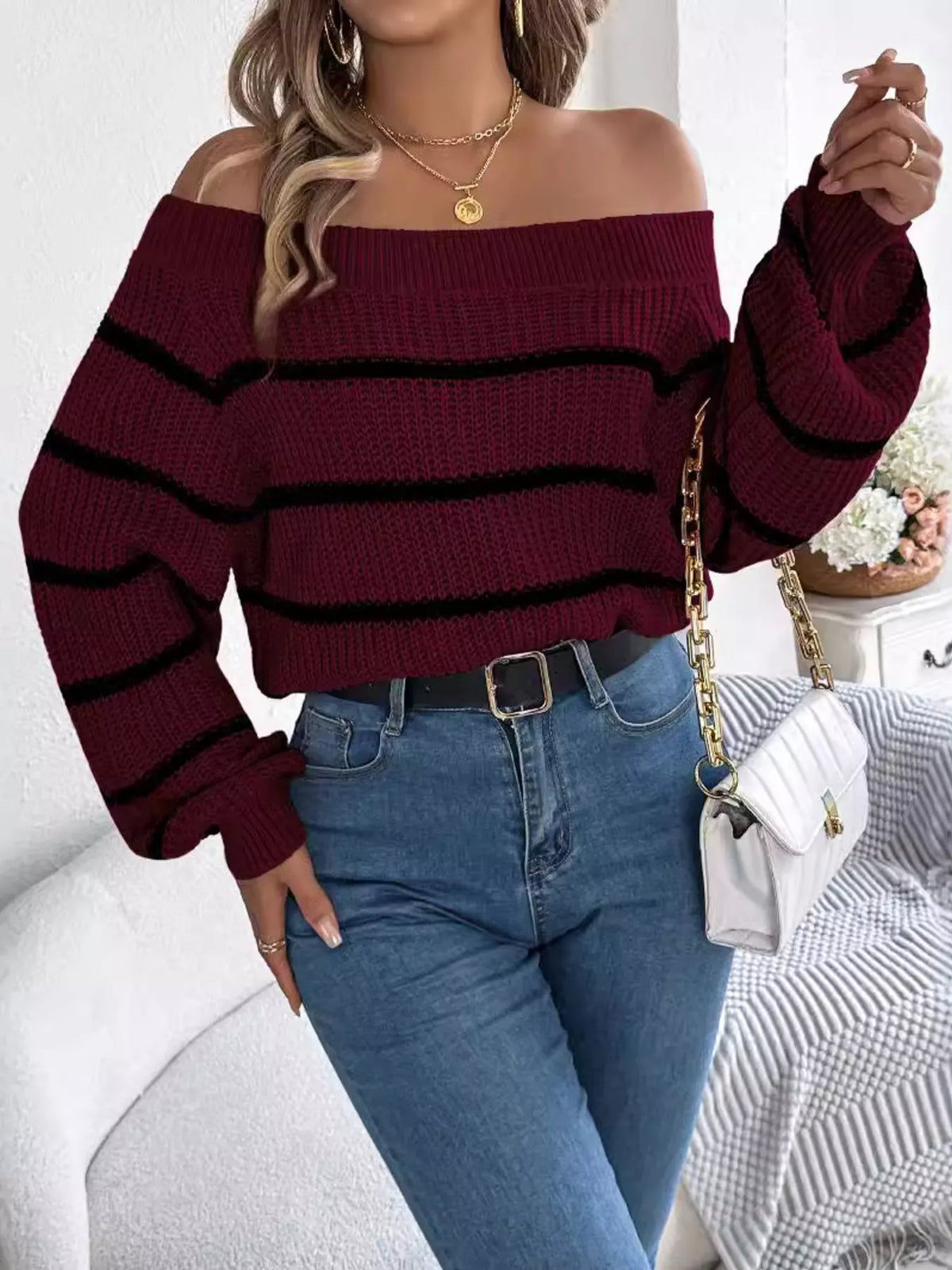 off-shoulder striped contrast sweater – basic style | dropsona - neutral - size reference