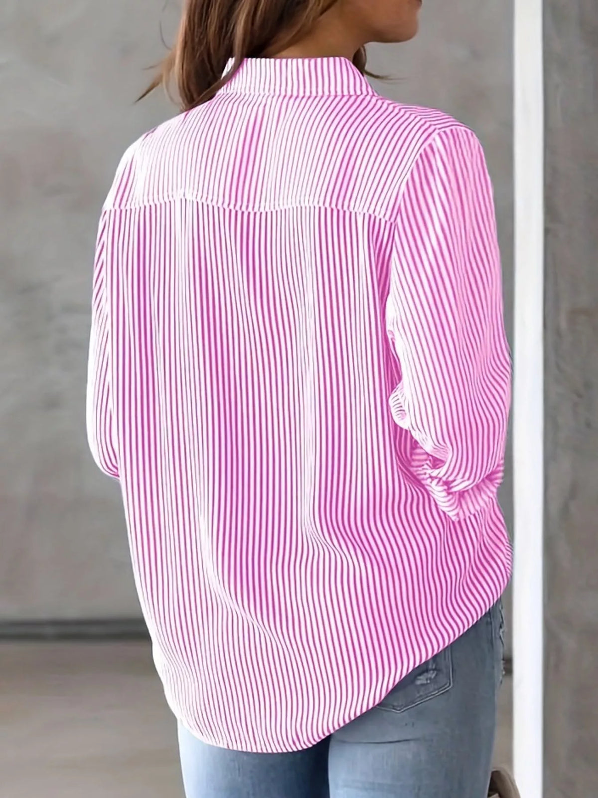 full size striped button-down long sleeve shirt plus | dropsona - neutral - size reference
