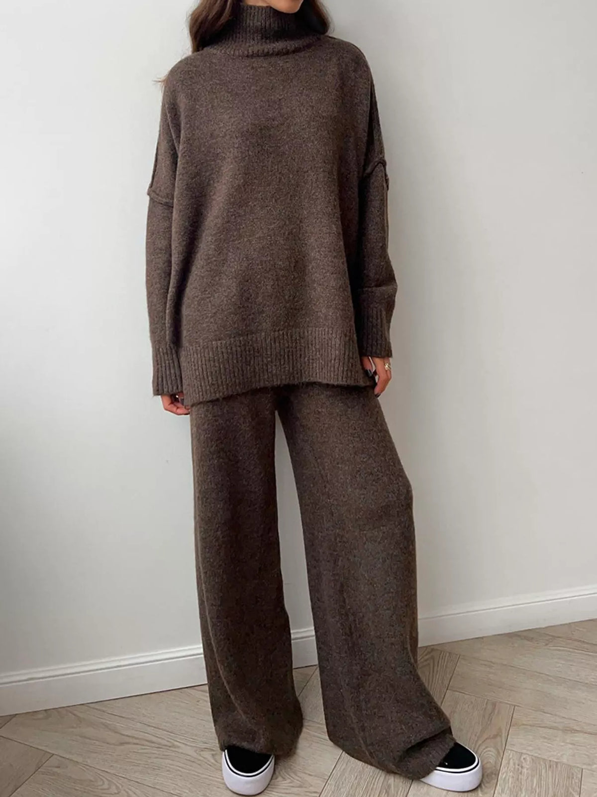 full size oversized turtleneck knit top and wide-leg | dropsona - neutral - size reference