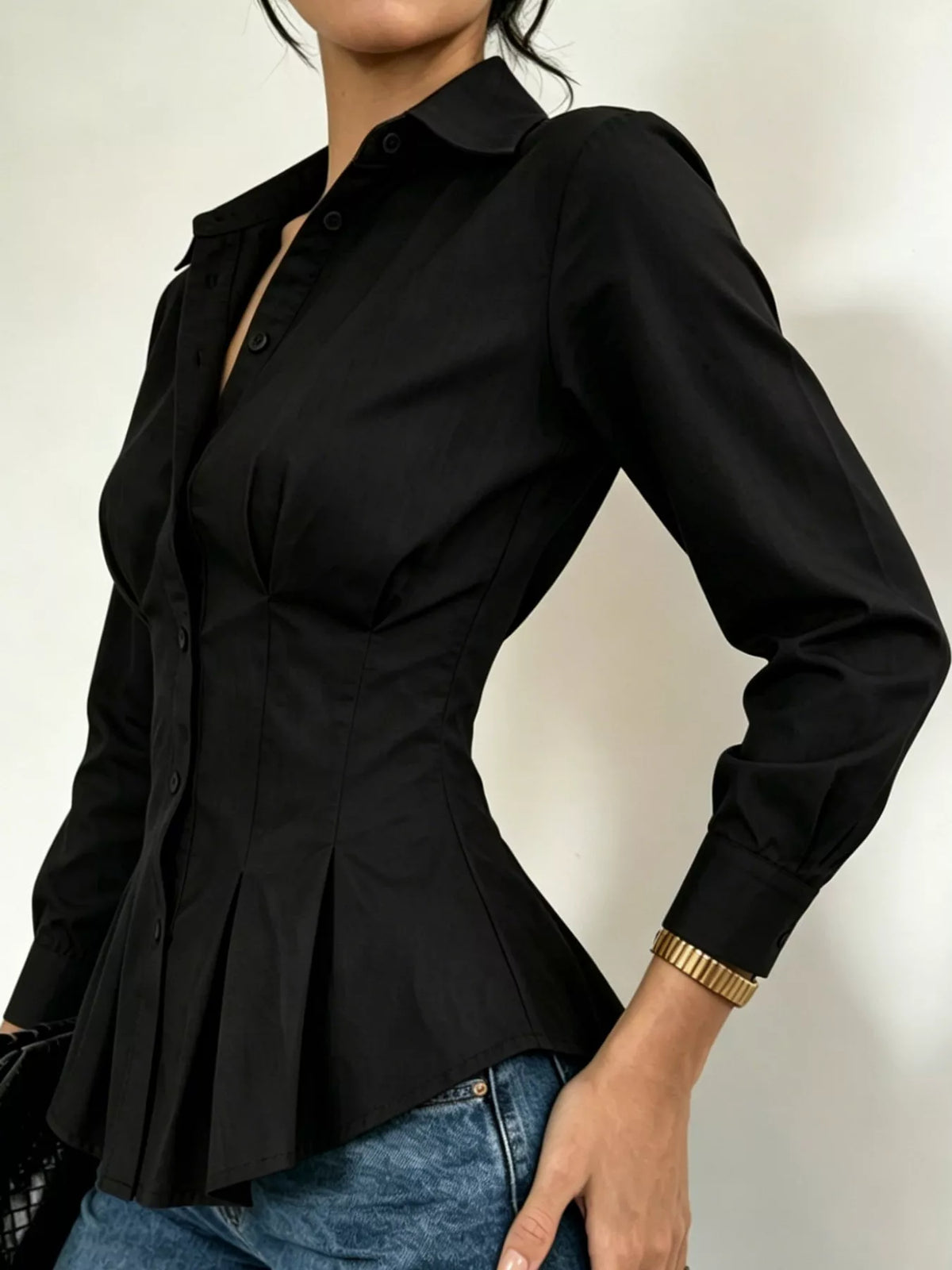 button-down peplum blouse with fitted waist | dropsona - neutral - material texture