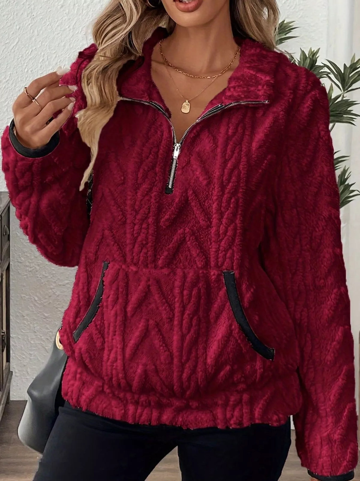 full size quarter-zip sherpa sweatshirt plus | dropsona - neutral - material texture