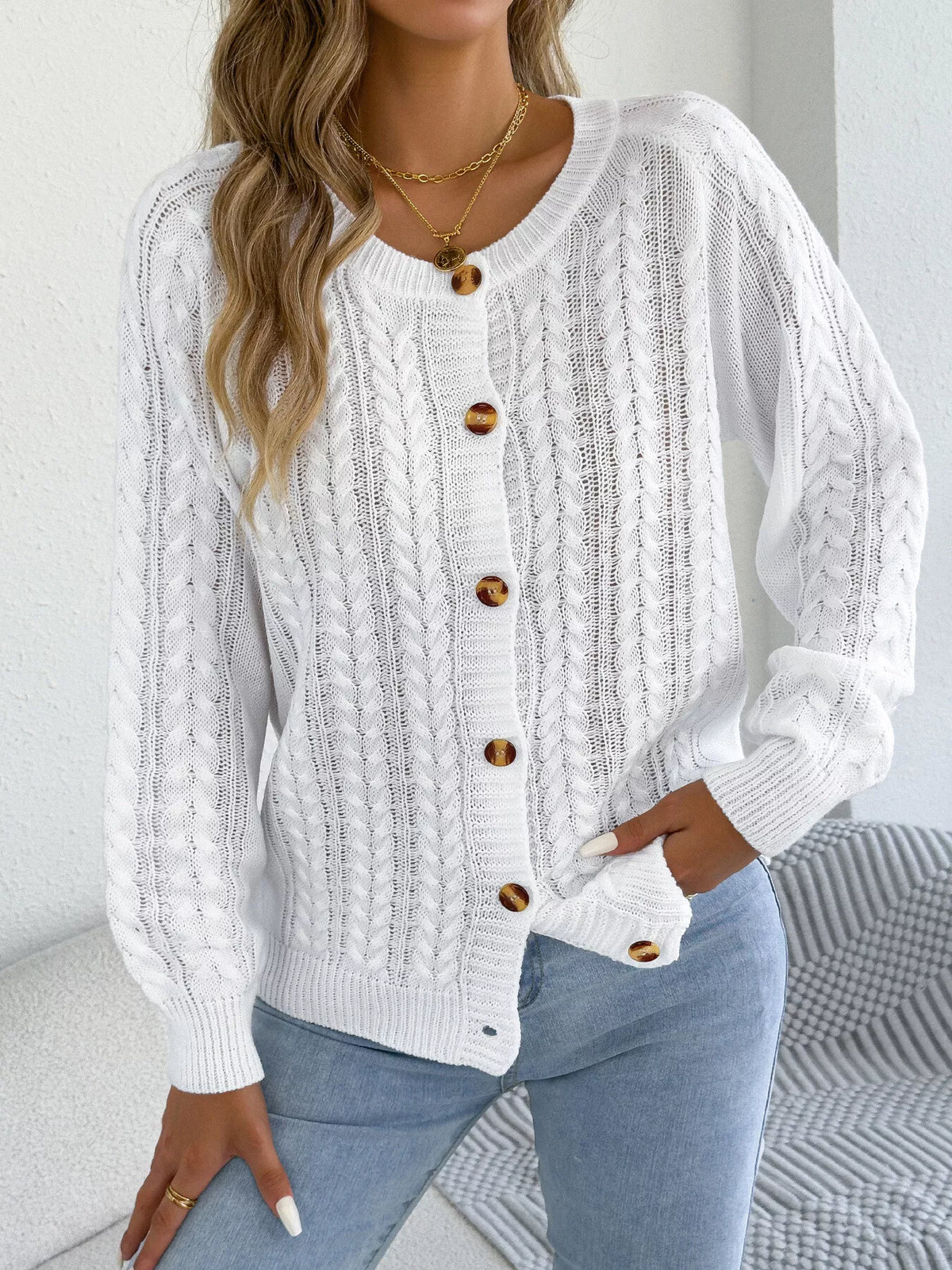 cable knit button-front cardigan – cable-knit,buttoned | dropsona - neutral - packaging