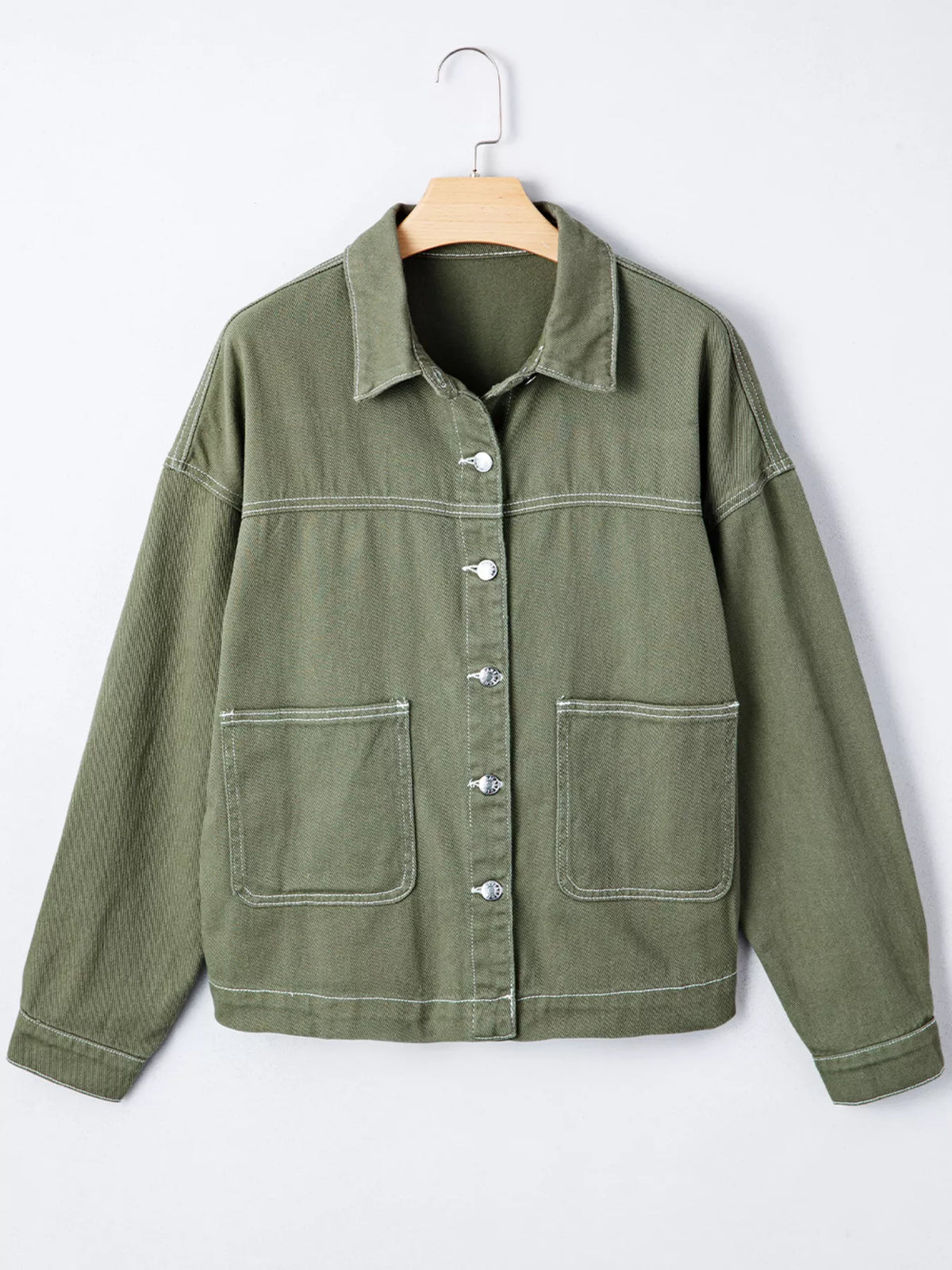 patched pocket collared button front boyfriend denim jacket - front view