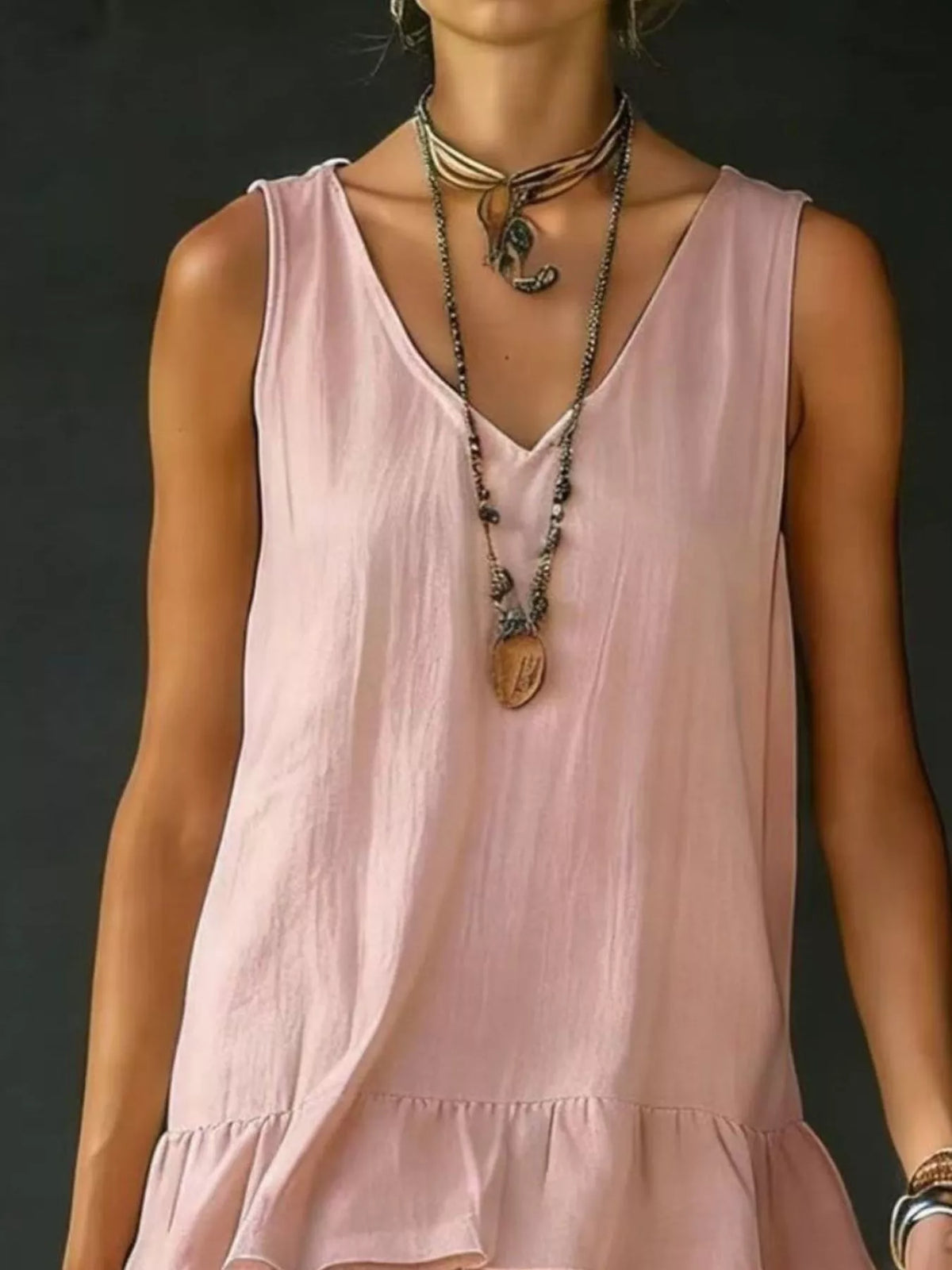 full size ruffled hem v-neck sleeveless dress plus size - front view