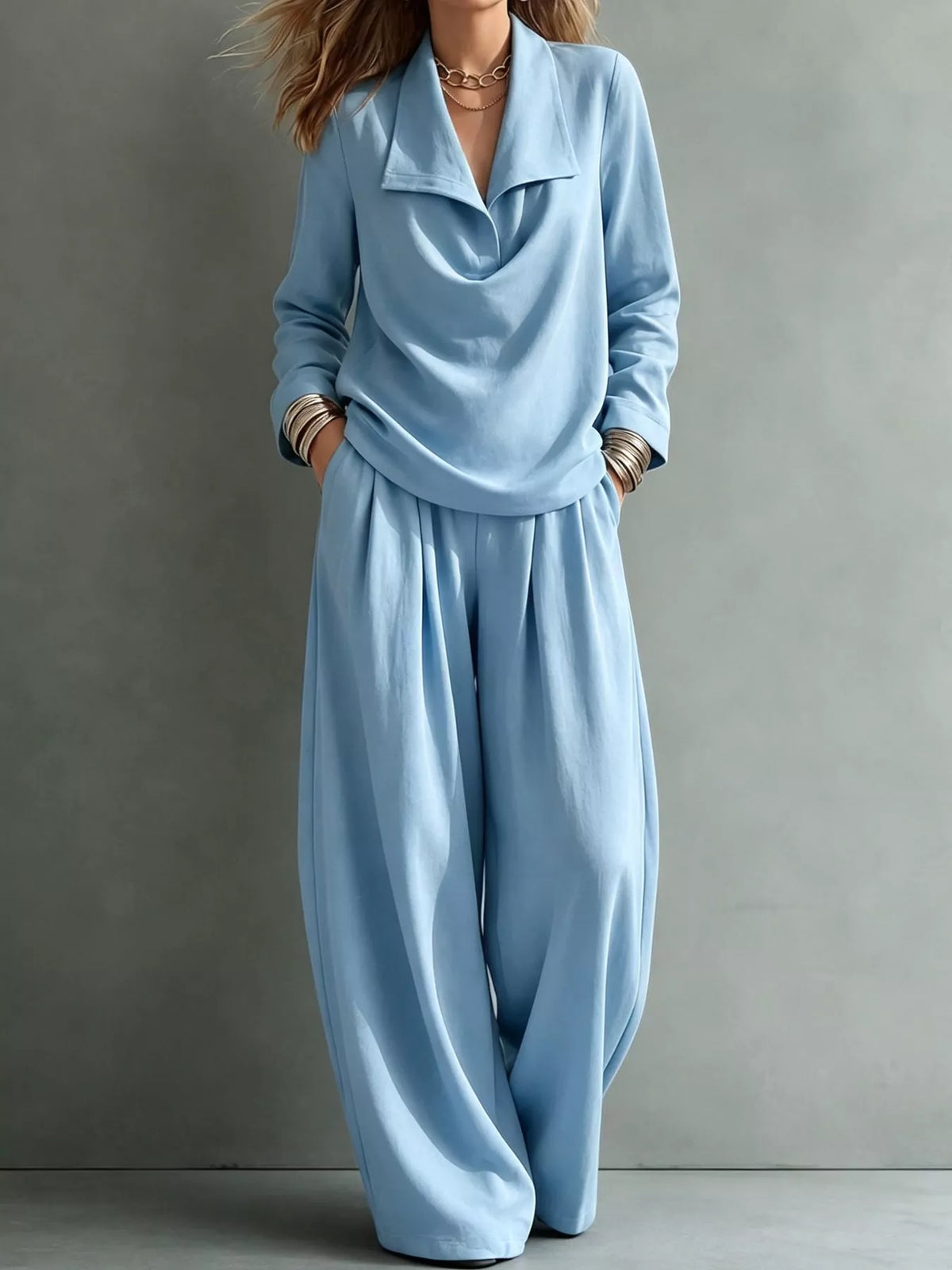 full size casual elegant top and wide-leg pants set | dropsona - neutral - everyday use