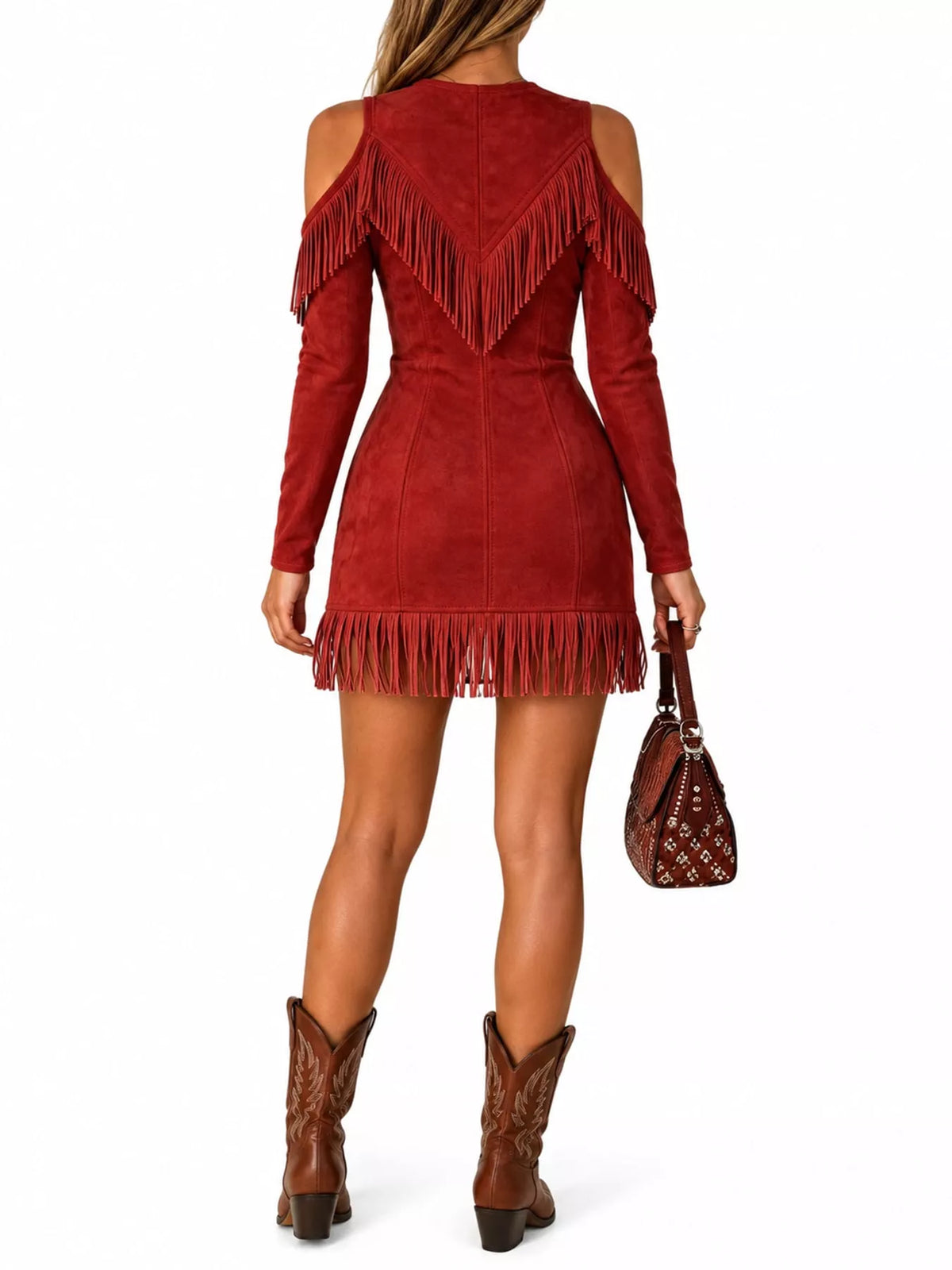 full size fringed cold-shoulder zip-front mini dress | dropsona - neutral - size reference