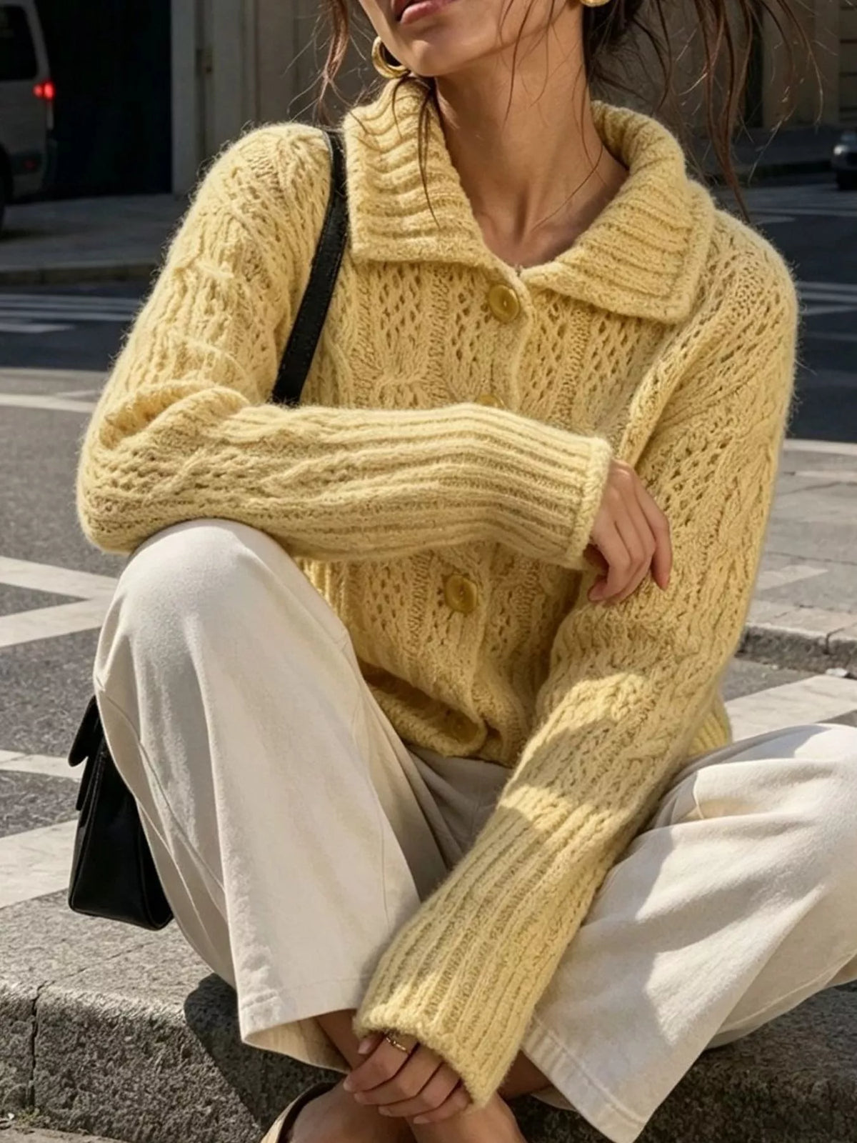cable-knit button up cardigan – cable-knit,buttoned | dropsona - neutral - material texture