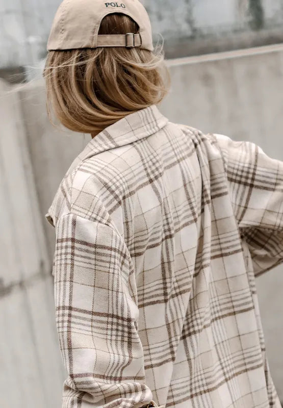 plaid removable hood button up shacket – basic style | dropsona - neutral - close-up detail