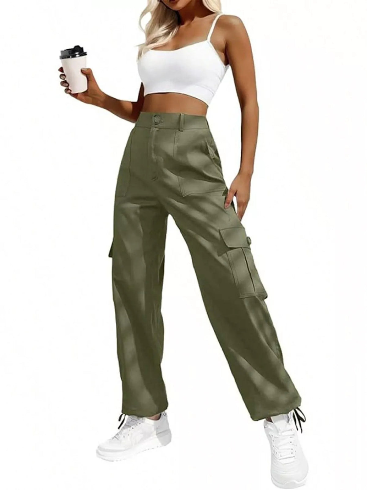 high-waisted cargo pants with drawstring cuffs | dropsona - neutral - size reference