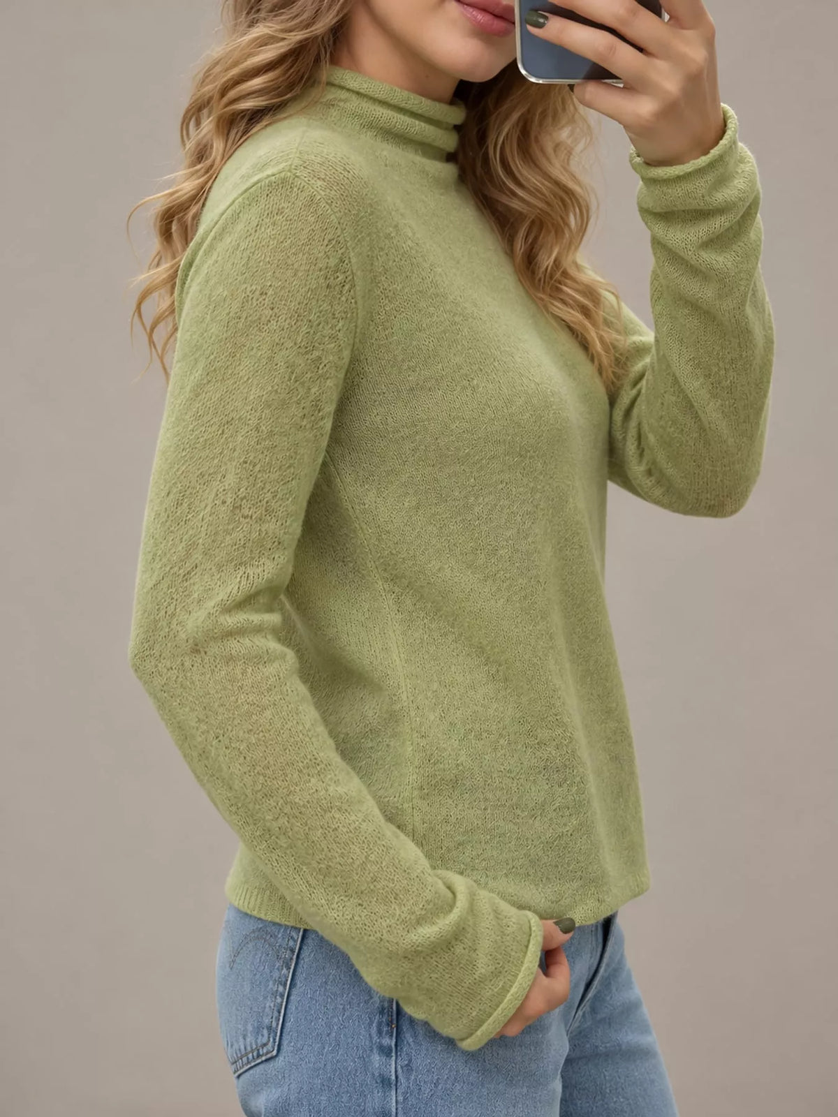 sheer turtleneck knit top | dropsona - neutral - front view