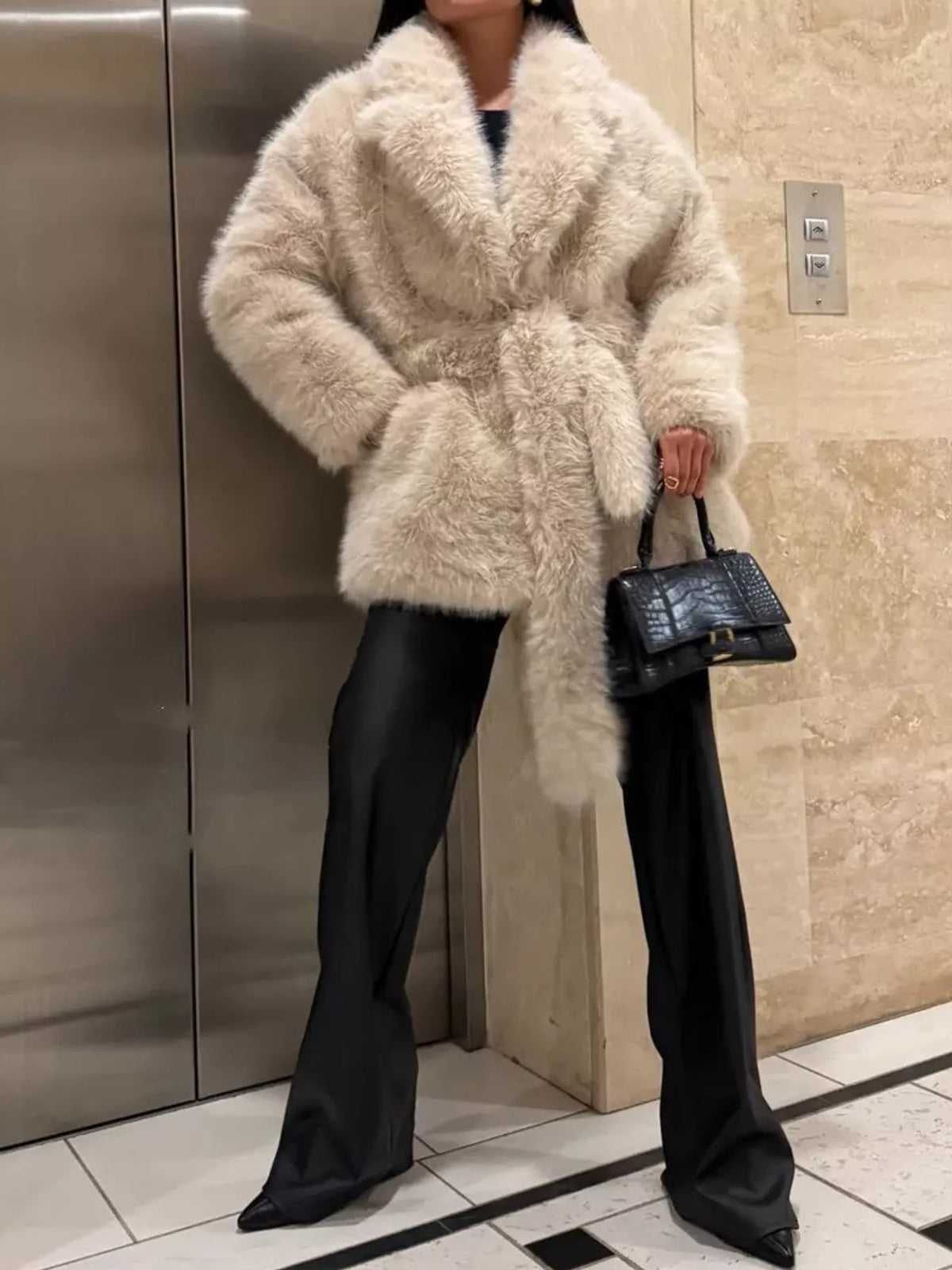 faux fur belted winter outerwear – thermal fit | dropsona - neutral - size reference