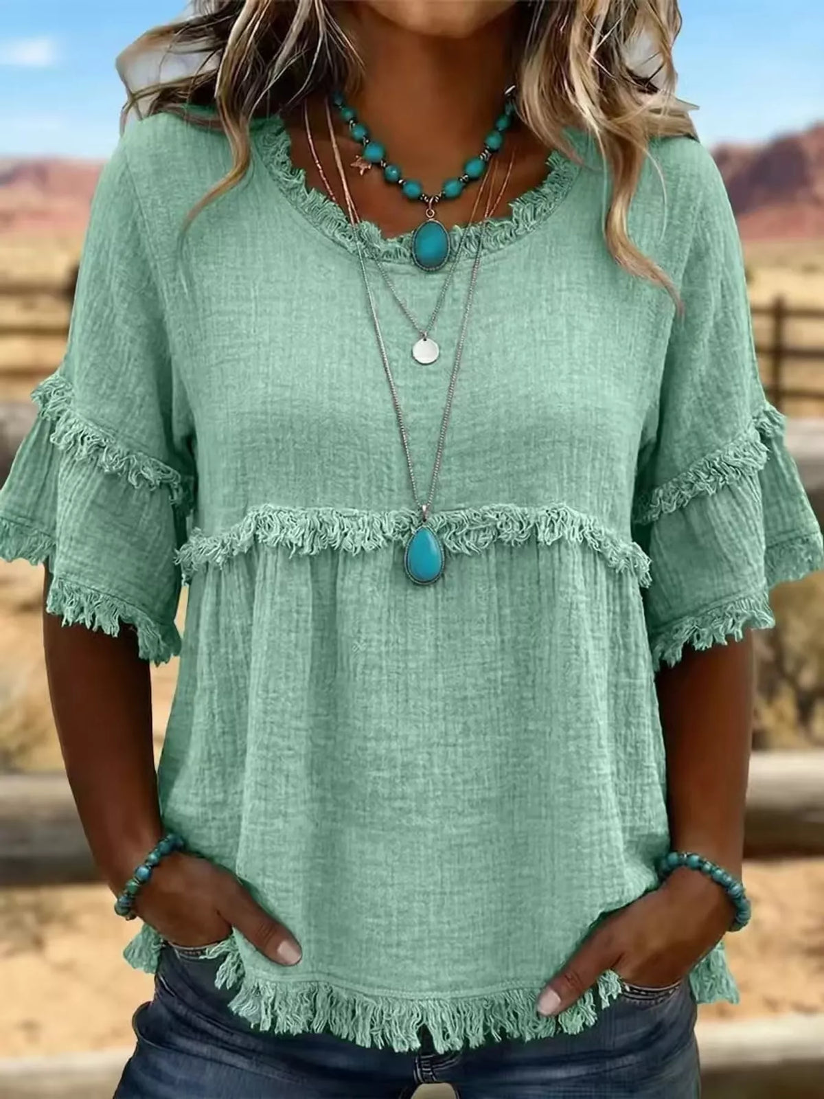 full size frayed edge textured blouse plus | dropsona - neutral - size reference