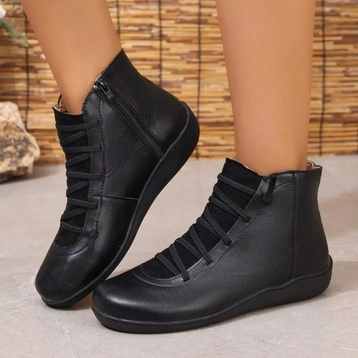 round toe lace up boots – classy ballet flats | dropsona - neutral - close-up detail