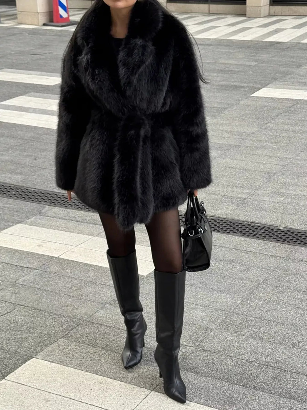 faux fur belted winter outerwear – thermal fit | dropsona - neutral - front view
