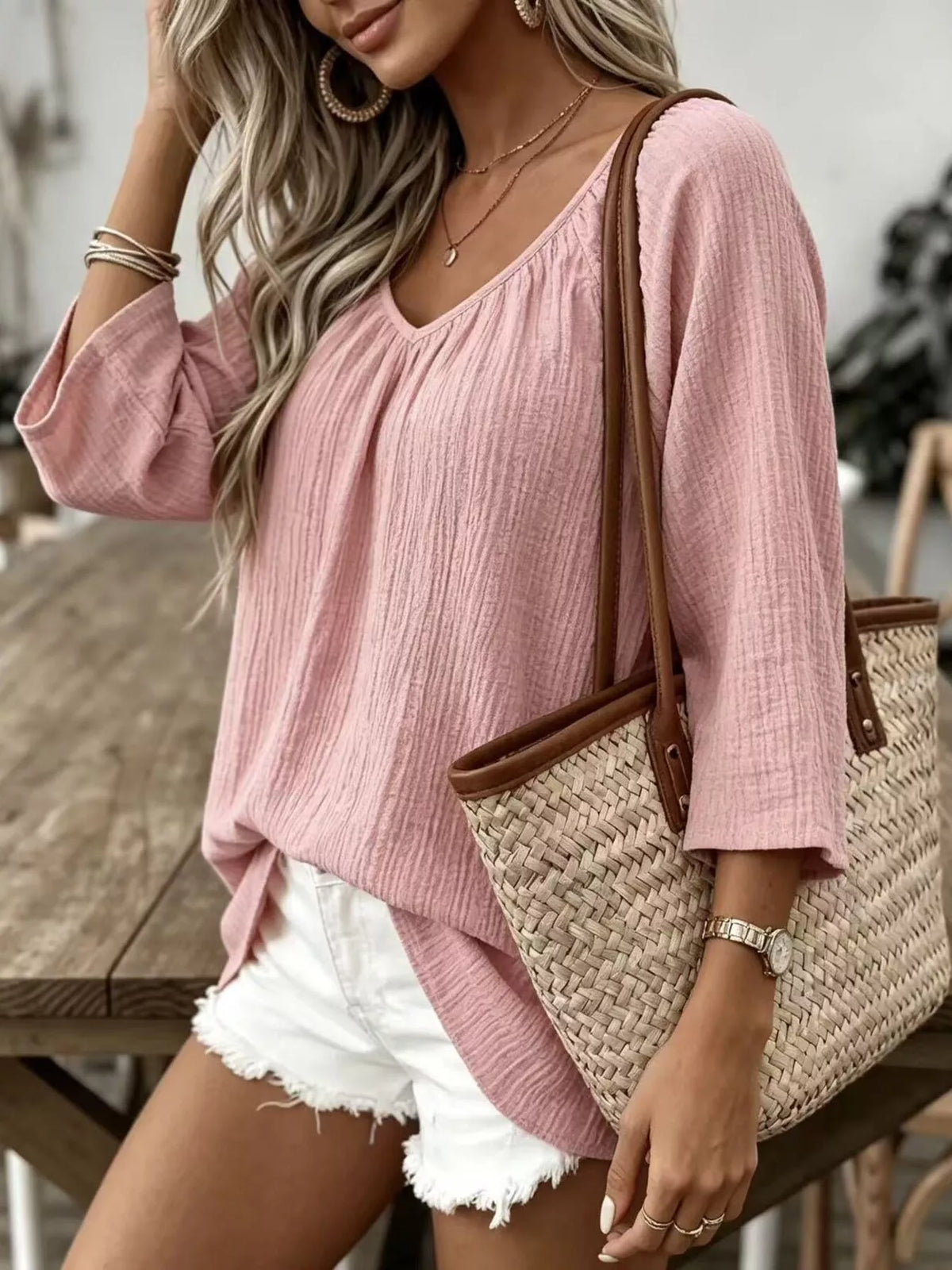 full size textured v-neck casual t-shirt plus | dropsona - neutral - material texture