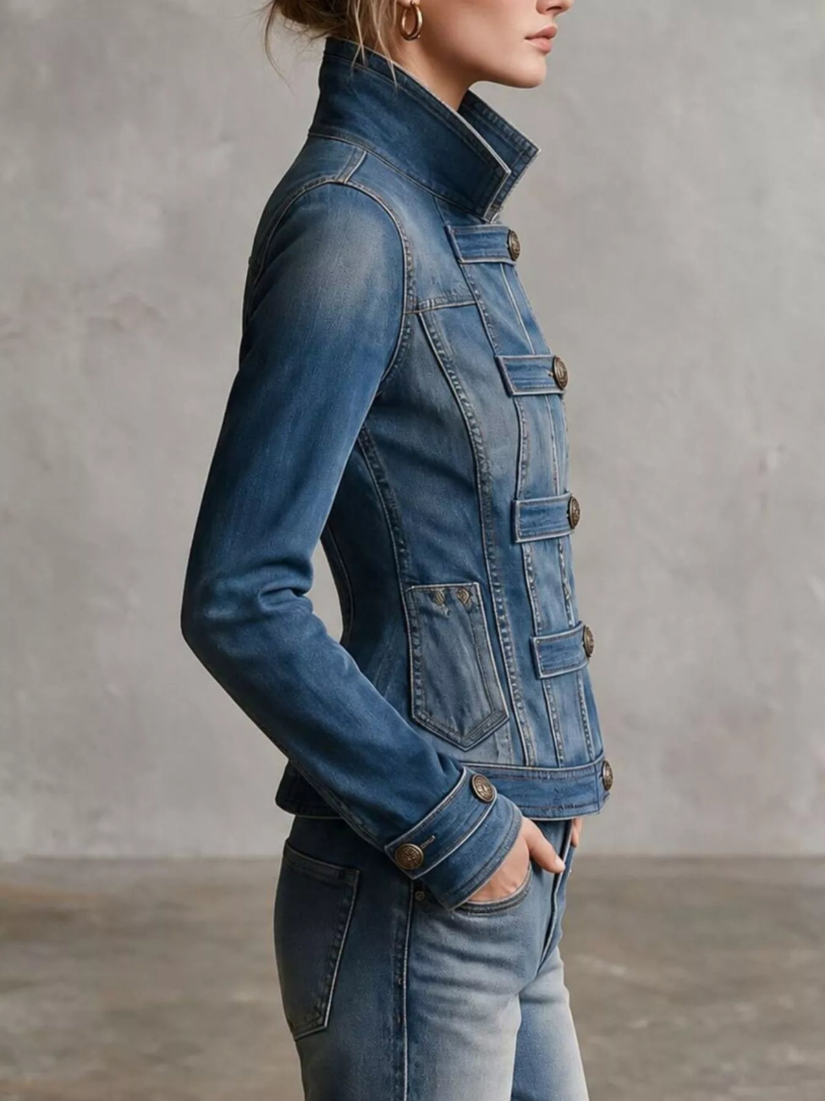 button up fitted denim jacket – buttoned,washed | dropsona - neutral - close-up detail
