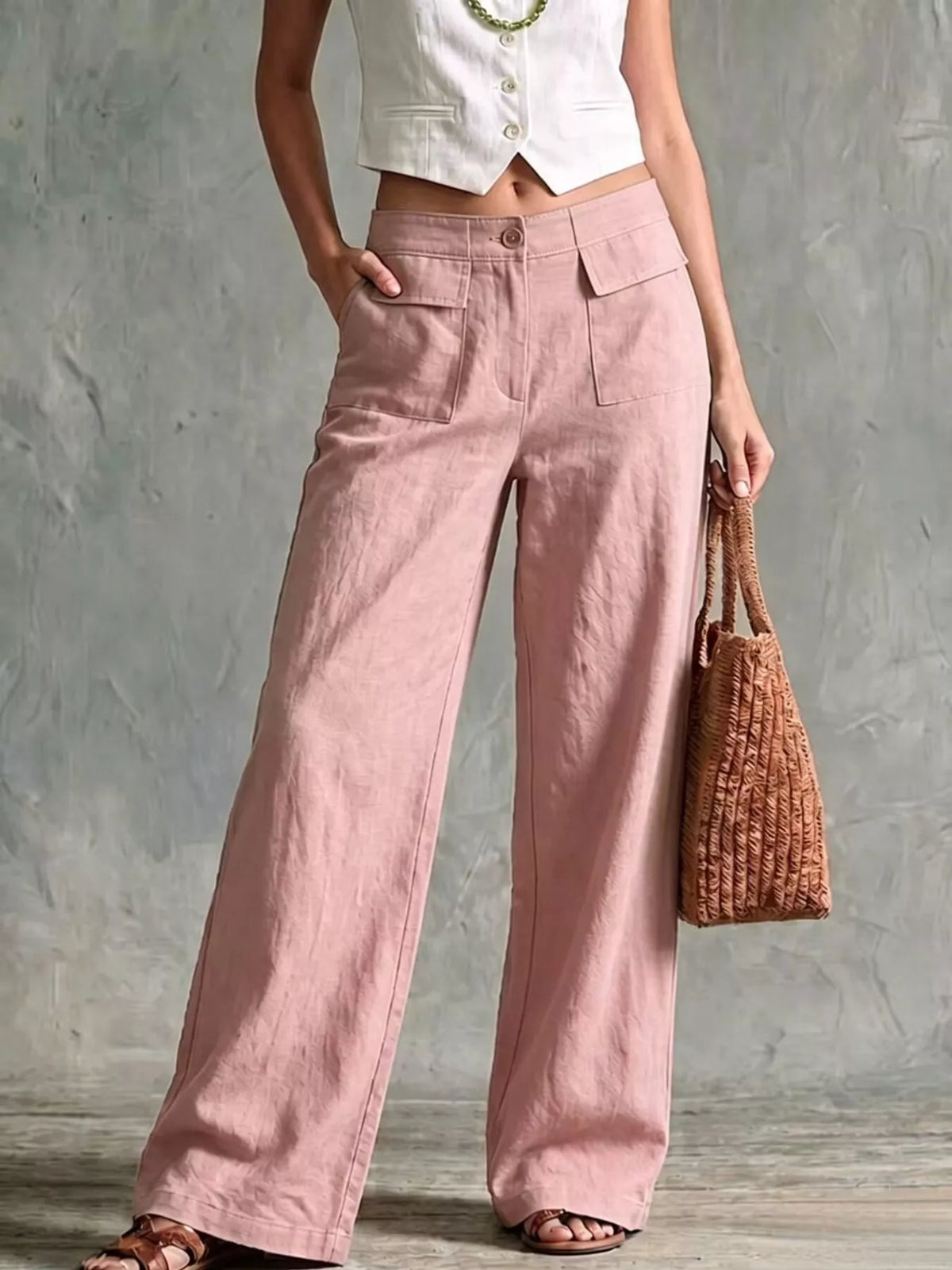 full size high-waisted wide-leg cargo pants plus | dropsona - neutral - material texture