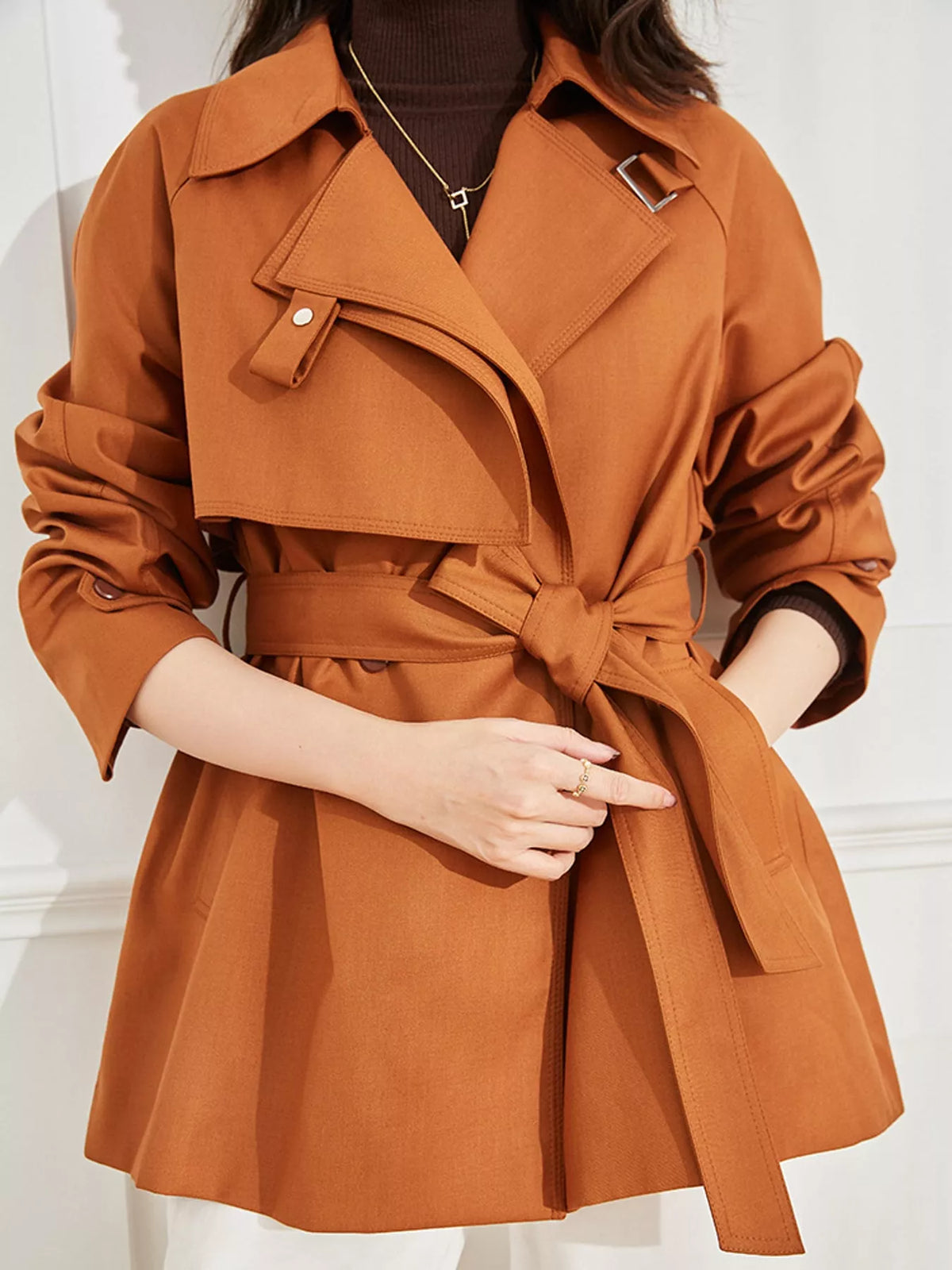 double-breasted tie waist trench coat | dropsona - neutral - material texture