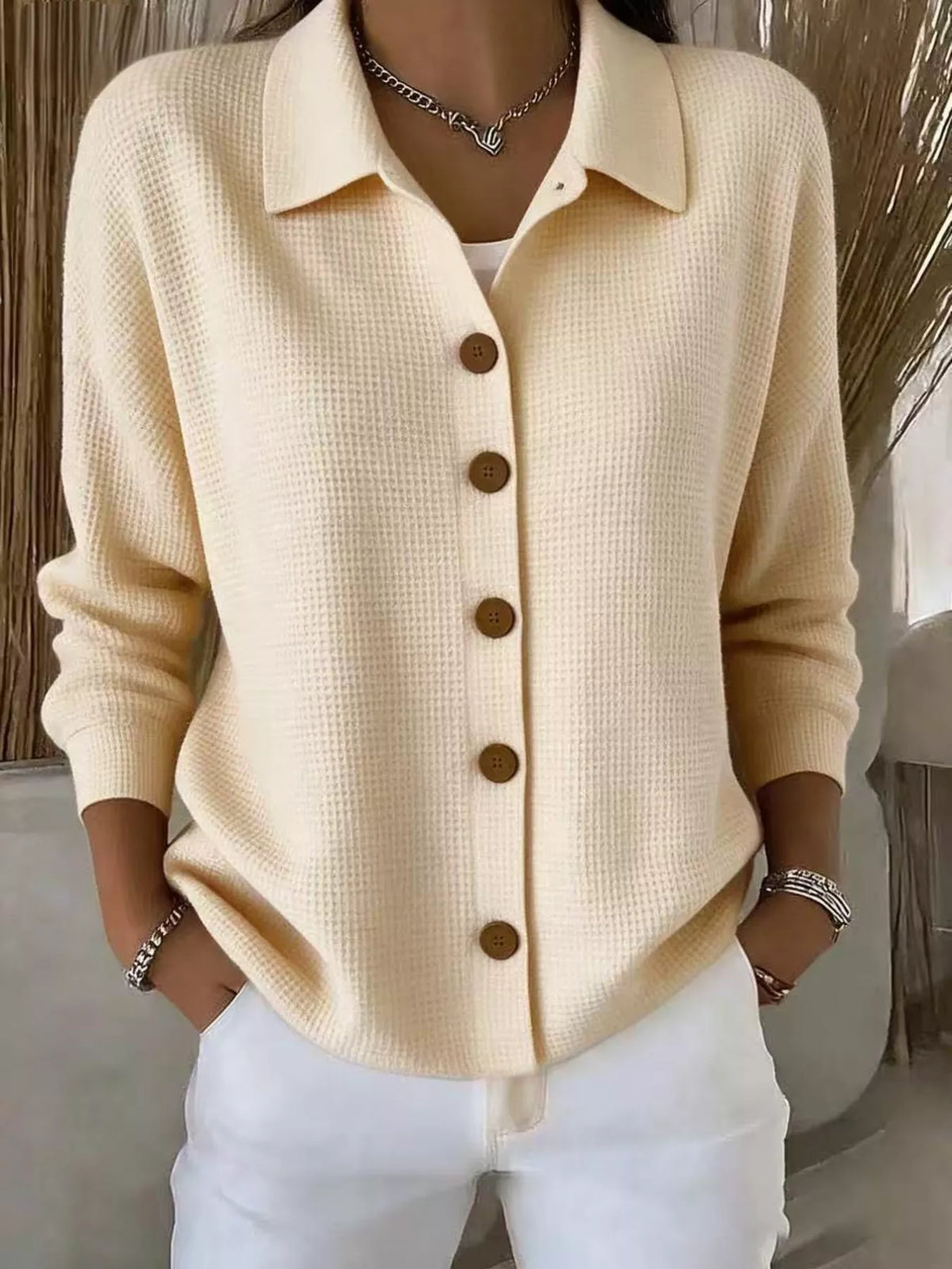 full size waffle knit button-down shirt plus | dropsona - neutral - size reference