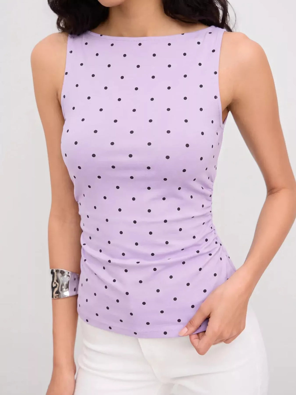 polka dot print sleeveless tank top with tie back | dropsona - neutral - packaging
