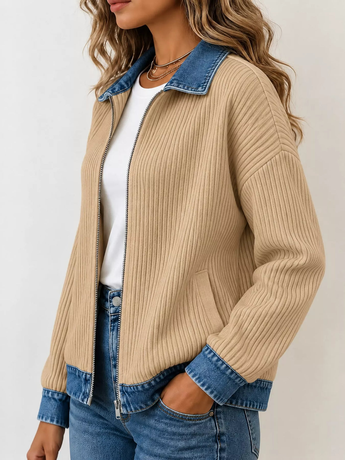 full size denim-collar ribbed knit zip-up jacket plus | dropsona - neutral - close-up detail