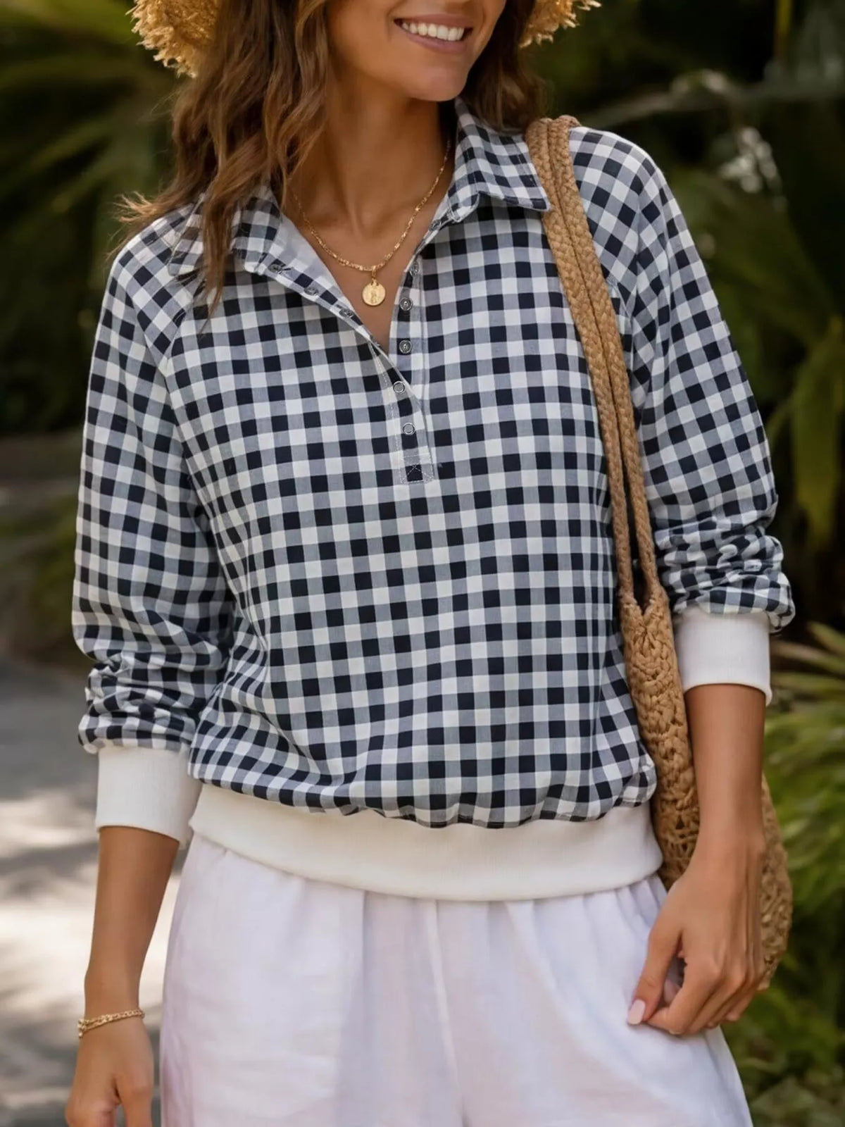 gingham plaid collared sweatshirt with ribbed hem | dropsona - neutral - material texture