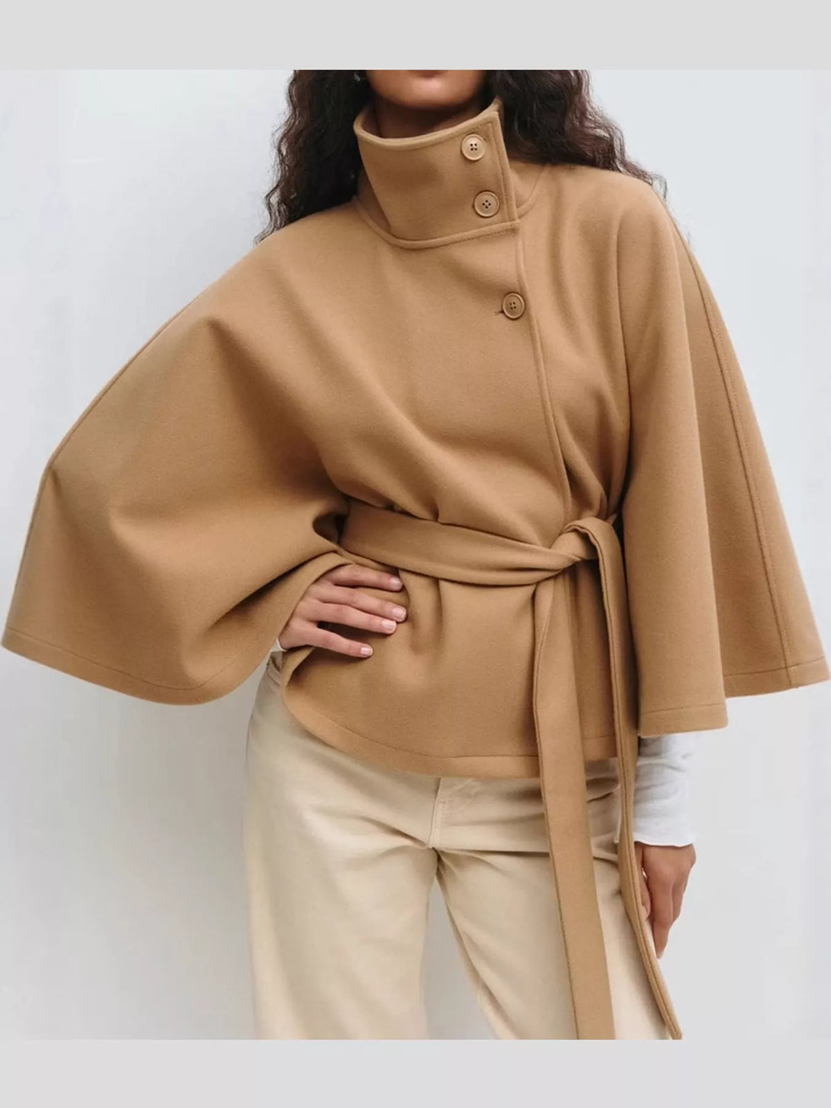 belt button detail outerwear | dropsona polyester 95% - neutral - front view