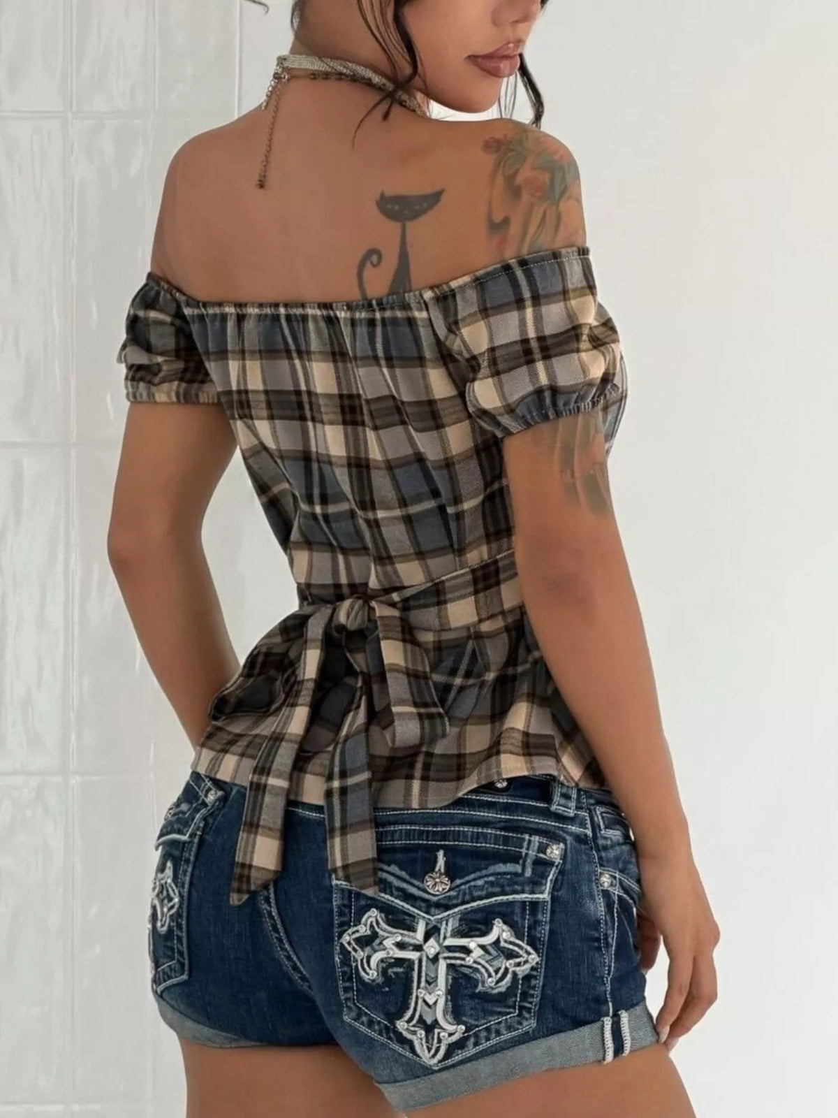 off-shoulder plaid blouse – buttoned,asymmetrical | dropsona - neutral - usage example