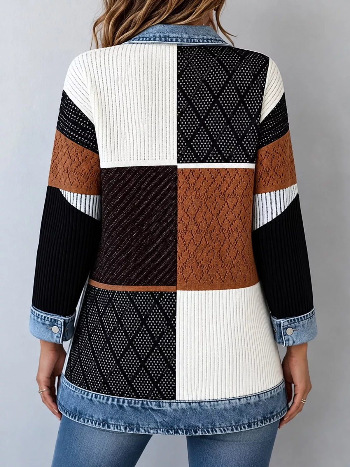 full size denim trim ribbed knit cardigan plus | dropsona - neutral - packaging