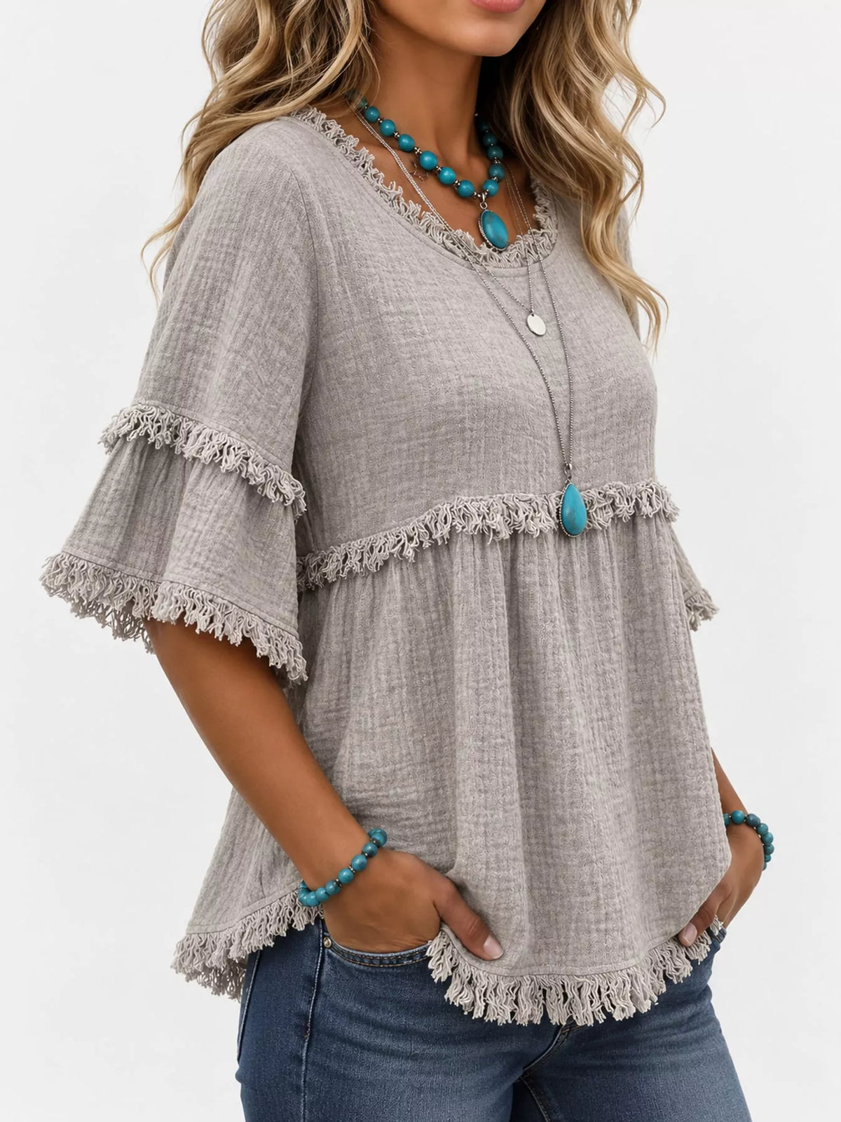 full size frayed edge textured blouse plus | dropsona - neutral - packaging