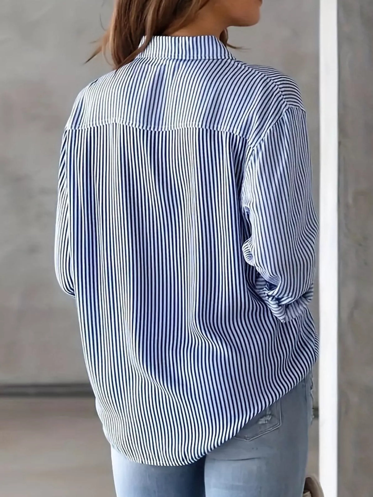 full size striped button-down long sleeve shirt plus | dropsona - neutral - size reference
