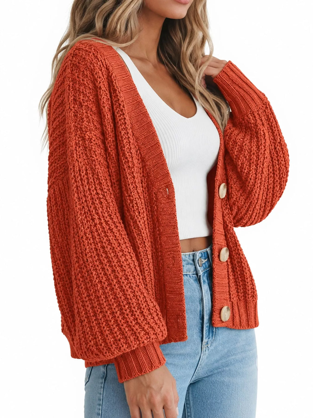 full size chunky knit button-down cardigan plus | dropsona - neutral - size reference