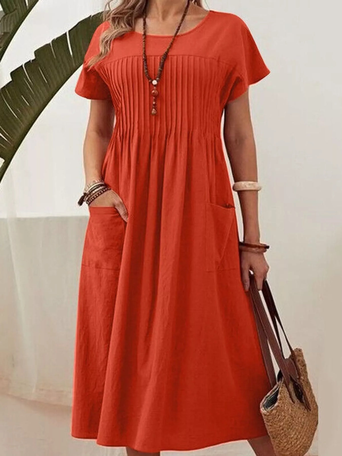 full size elegant pleated casual midi dress with | dropsona - neutral - packaging