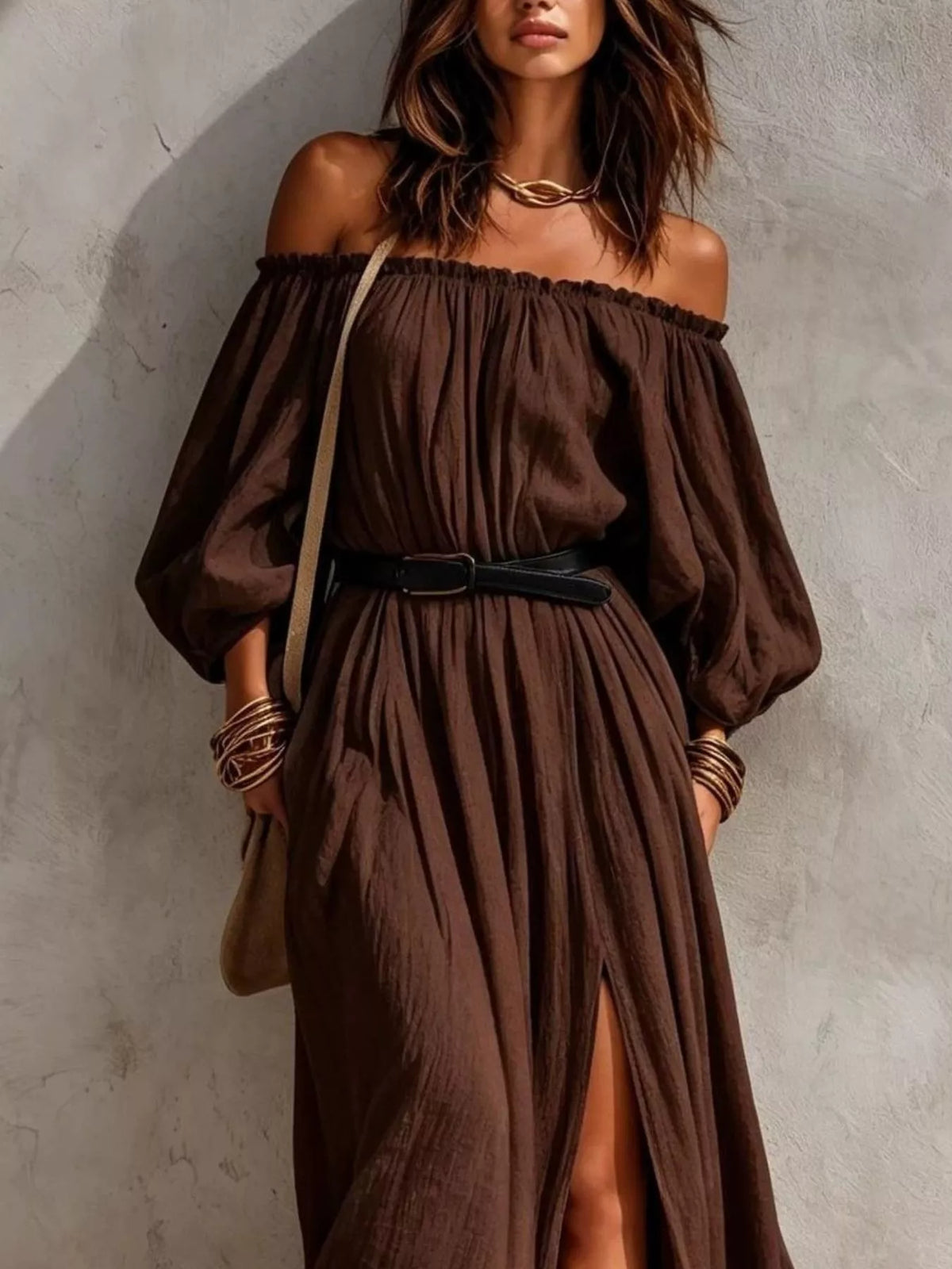 boho off-shoulder maxi dress with side slit | dropsona - neutral - size reference