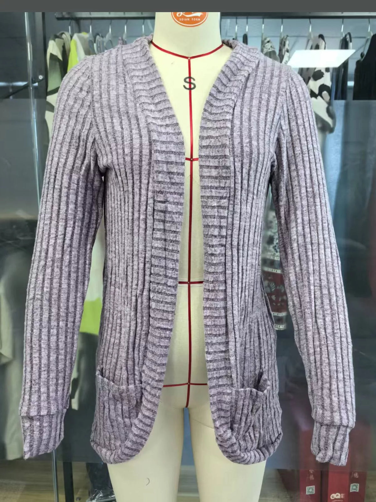 ribbed knit open front cardigan with pockets | dropsona - neutral - close-up detail