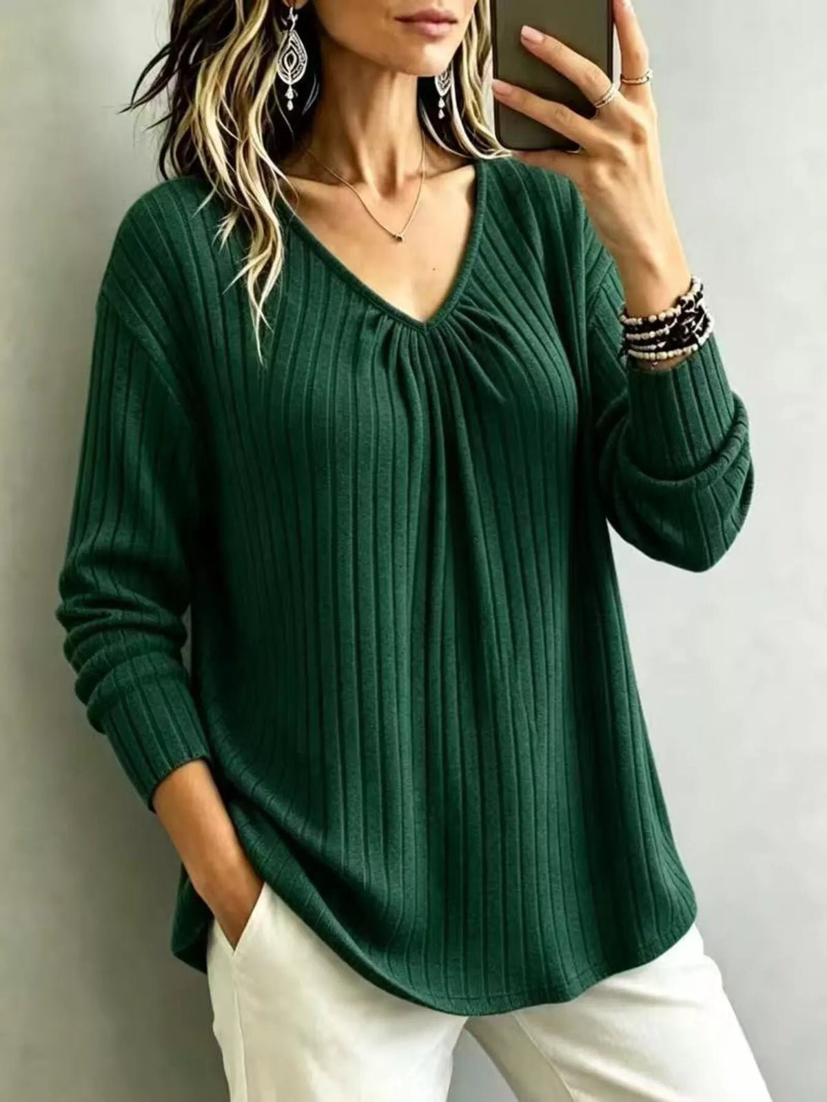 v-neck ribbed long sleeve t-shirt – | dropsona - neutral - close-up detail