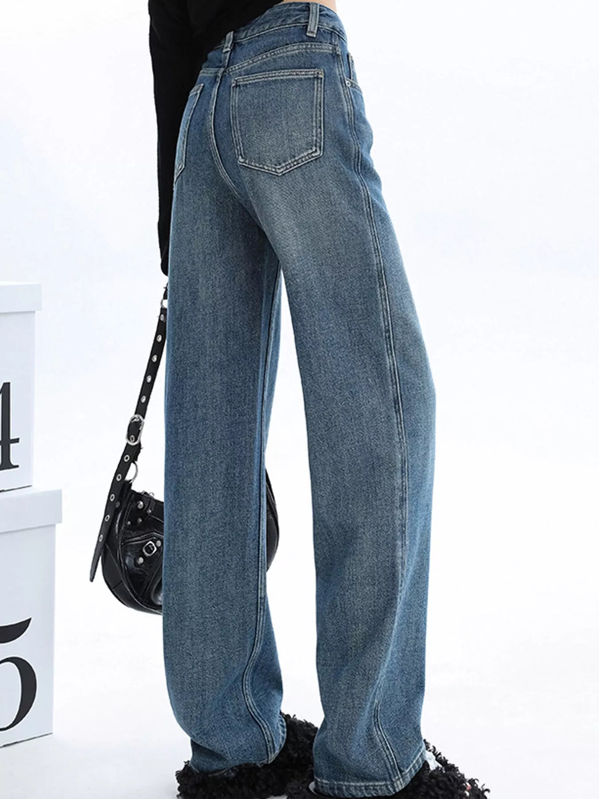 high-waisted vintage wash wide-leg jeans | dropsona - neutral - front view