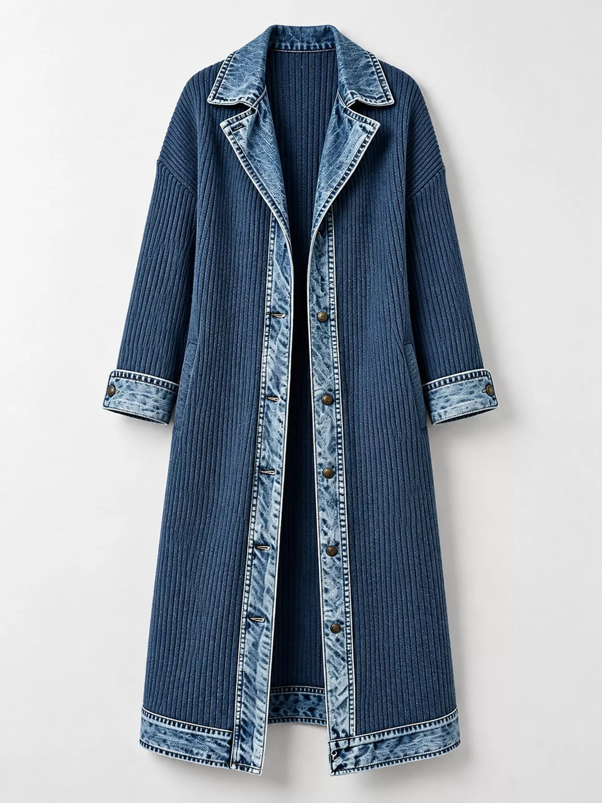 full size denim-trimmed ribbed knit longline cardigan | dropsona - neutral - size reference