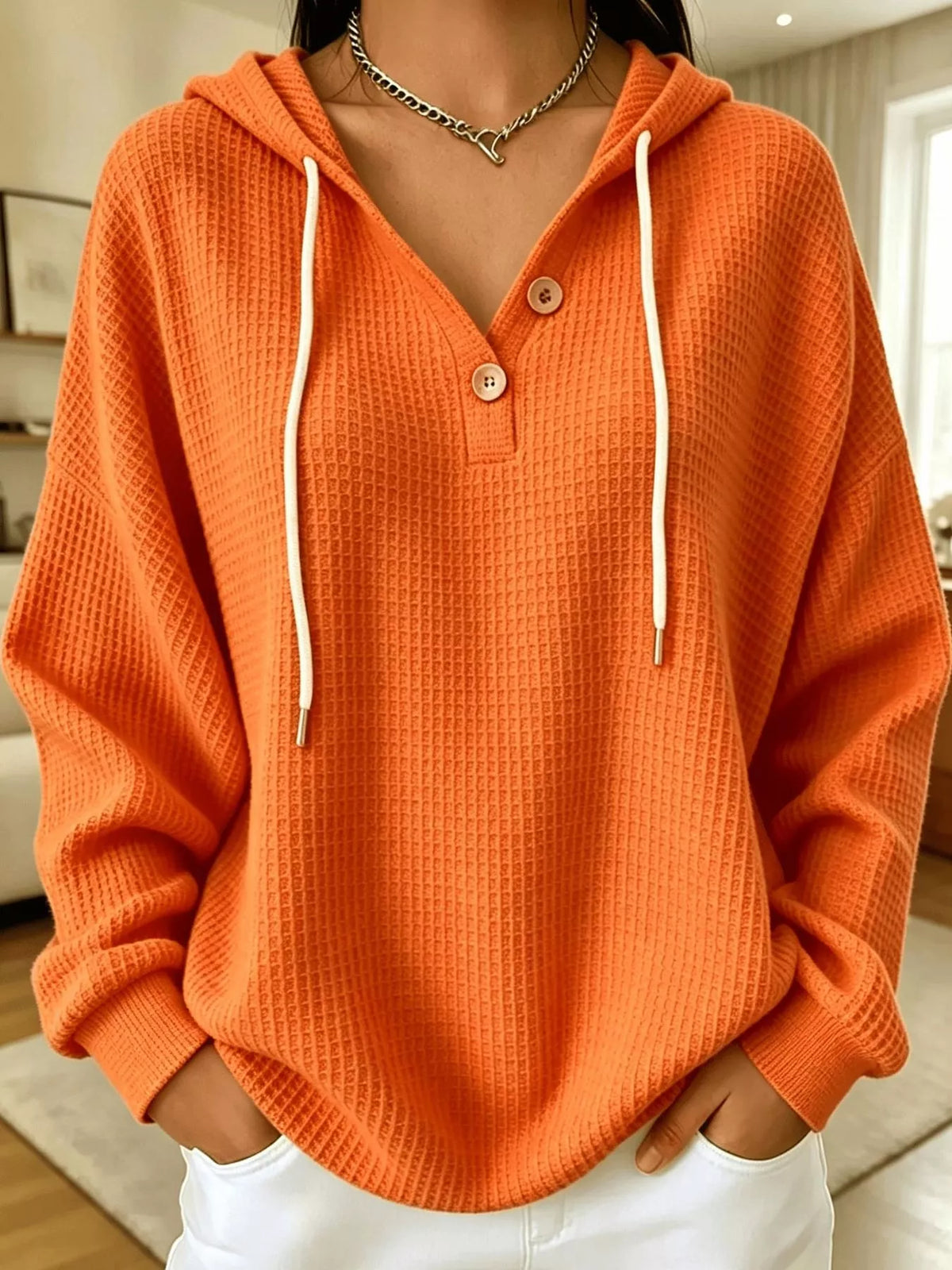 full size waffle knit button detail hoodie plus | dropsona - neutral - usage example