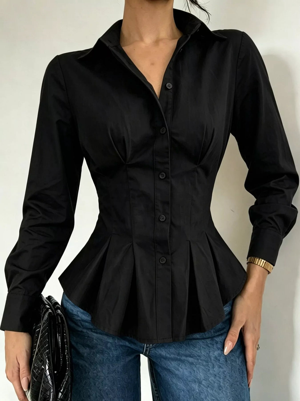 button-down peplum blouse with fitted waist | dropsona - neutral - front view