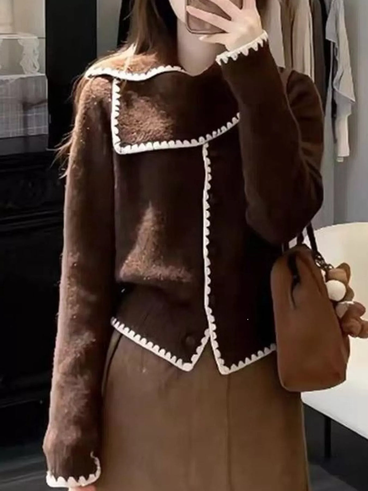 contrast-trimmed scarf collar cardigan | dropsona - neutral - usage example
