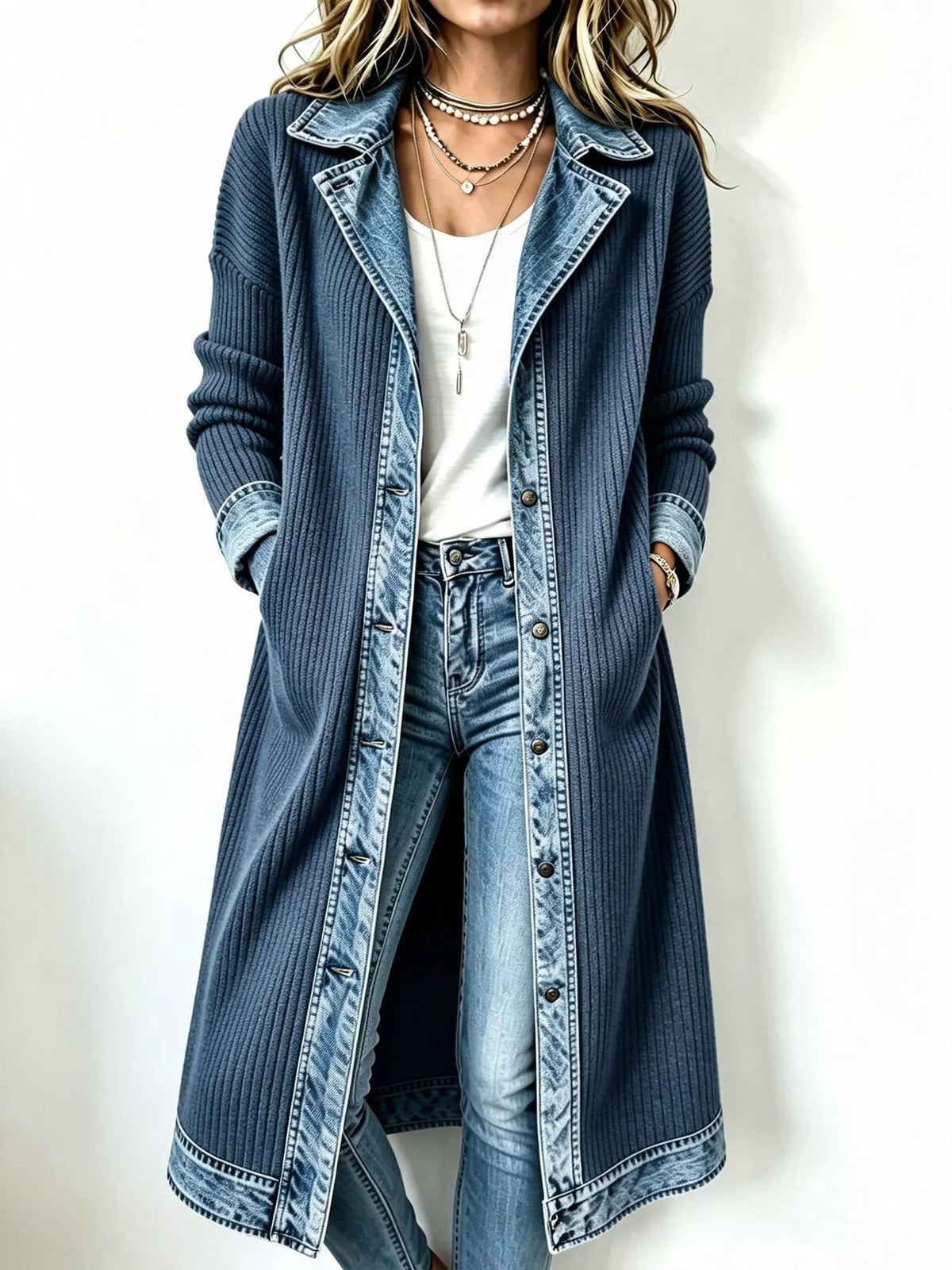 full size denim-trimmed ribbed knit longline cardigan | dropsona - neutral - front view