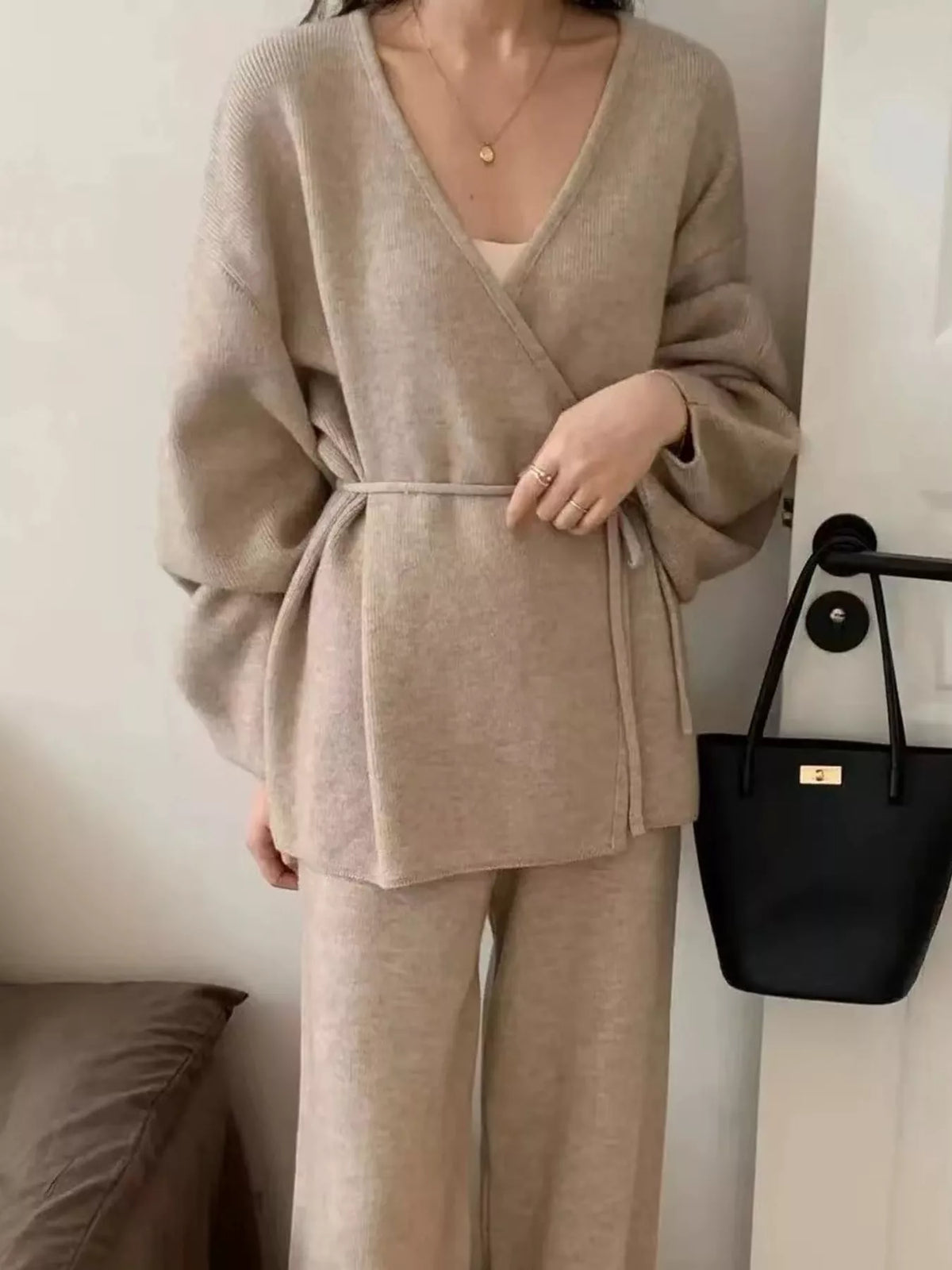 elegant v-neck wrap cardigan and wide-leg pants | dropsona - neutral - close-up detail