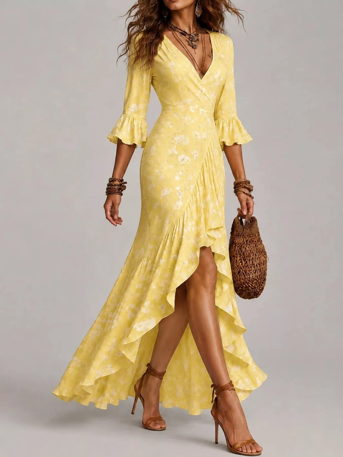 high-low ruffled maxi dress | dropsona - neutral - packaging
